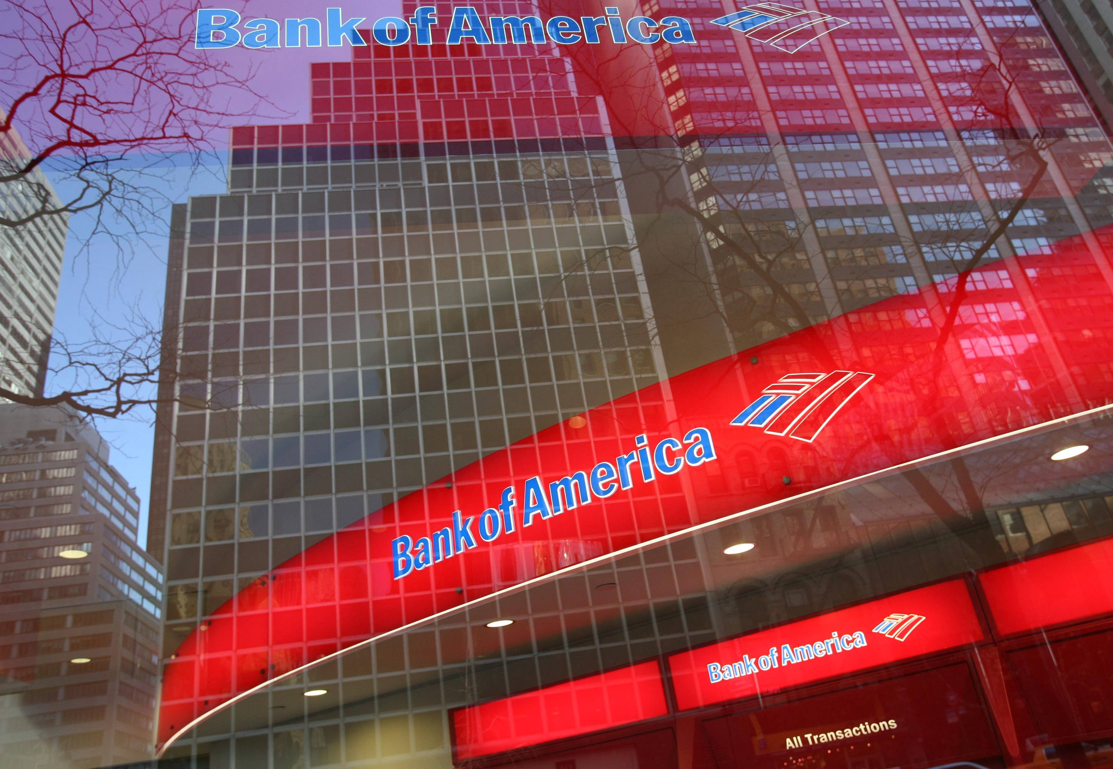 Bank Of America, red signage, glass windows, 2K Desktop Wallpaper