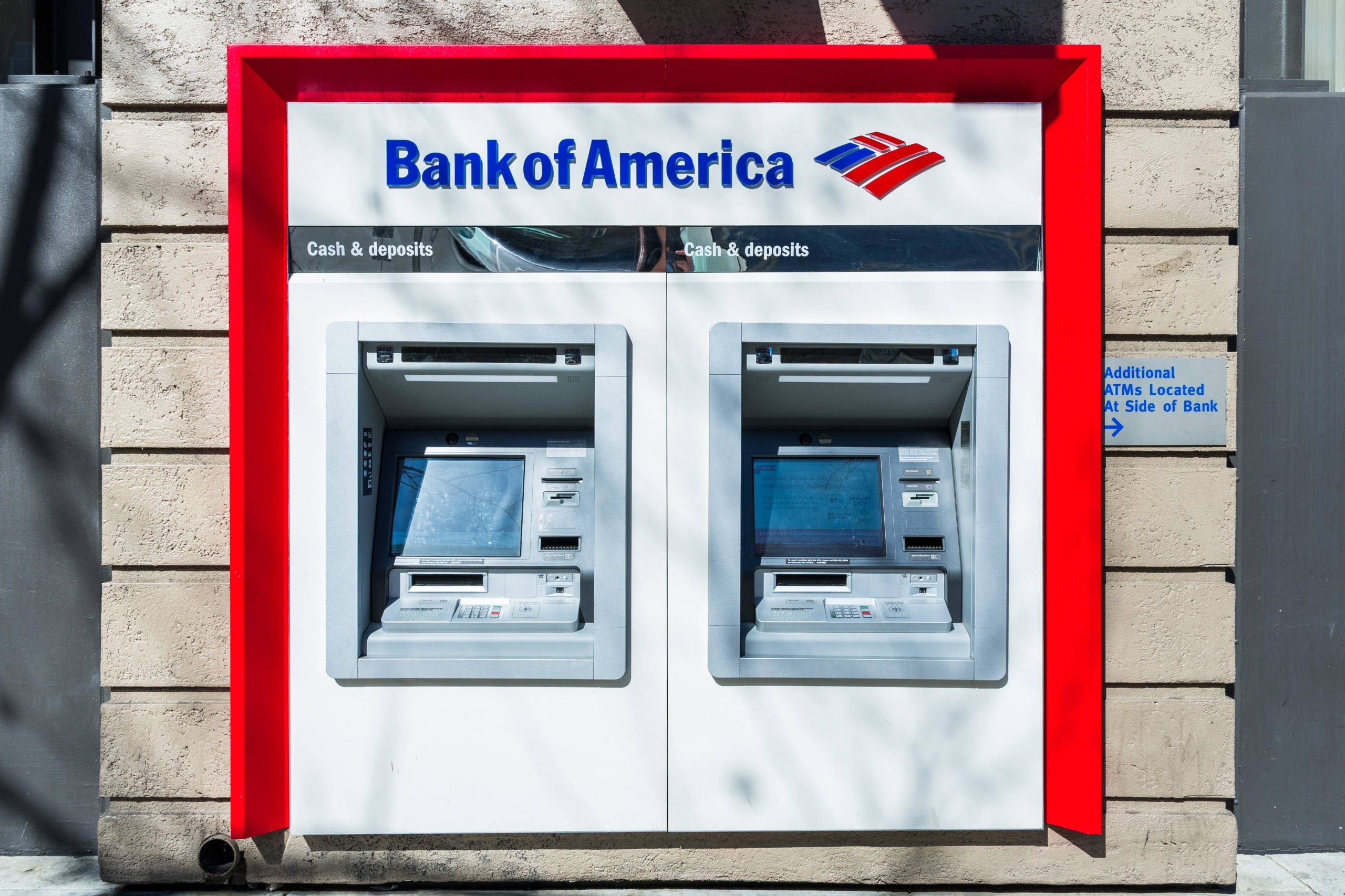 Bank Of America, ATMs, red-framed kiosk, 2K Desktop Wallpaper