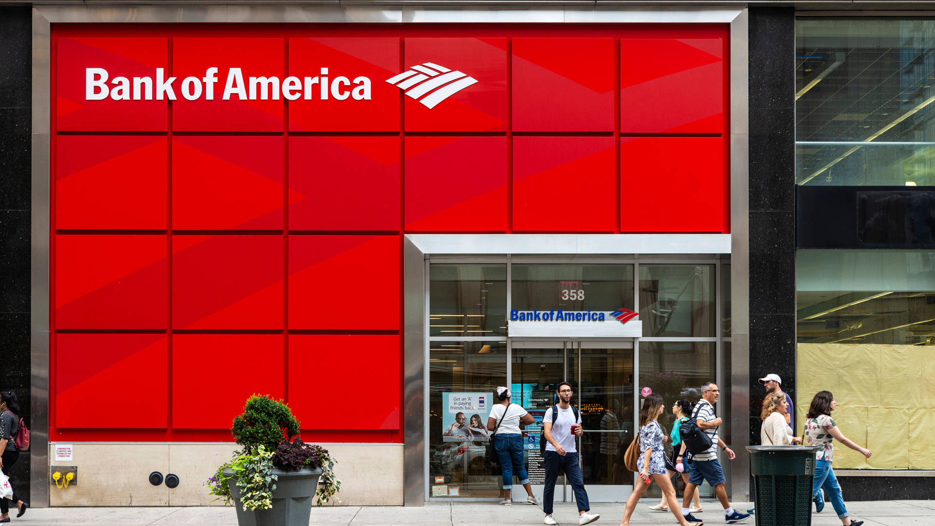 Bank Of America, red facade, glass doors, Full HD Desktop Wallpaper