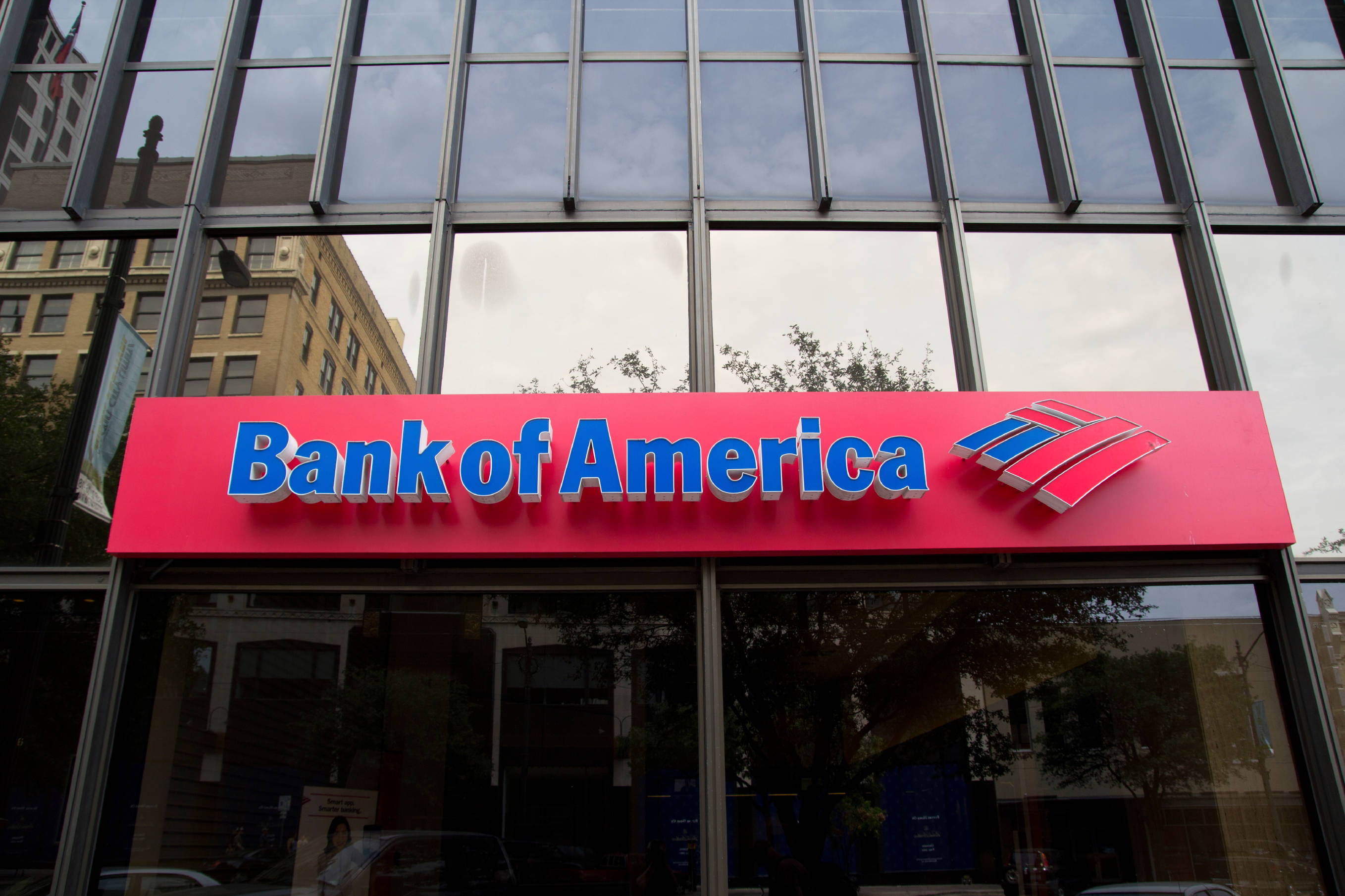 Bank Of America, glass-fronted branch, bold red sign, 2K Desktop Wallpaper