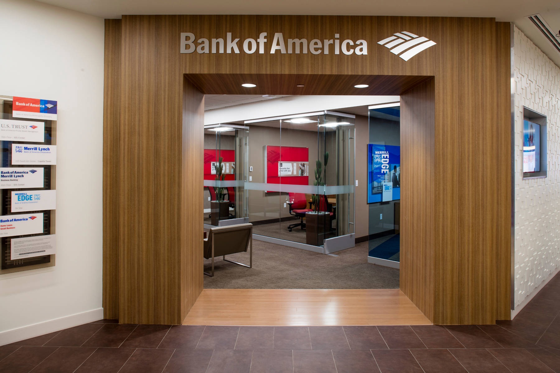 Bank Of America, wood paneling, glass doors, HD Desktop Wallpaper