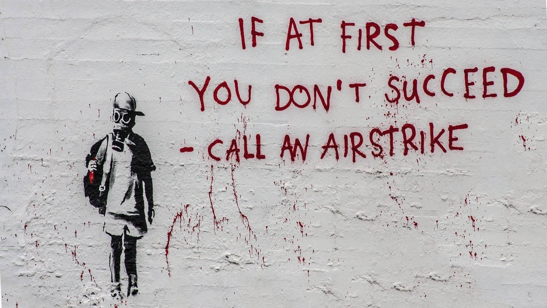 Banksy, airstrike, gas mask, Full HD Desktop Wallpaper