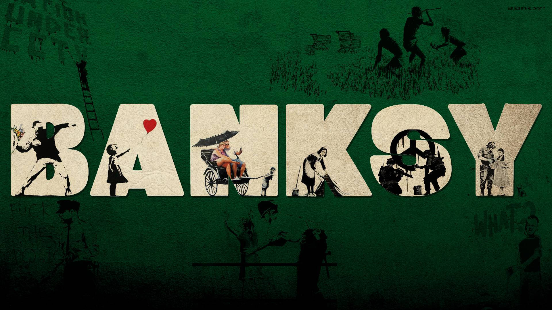 Banksy, white, dark green, Full HD Desktop Wallpaper