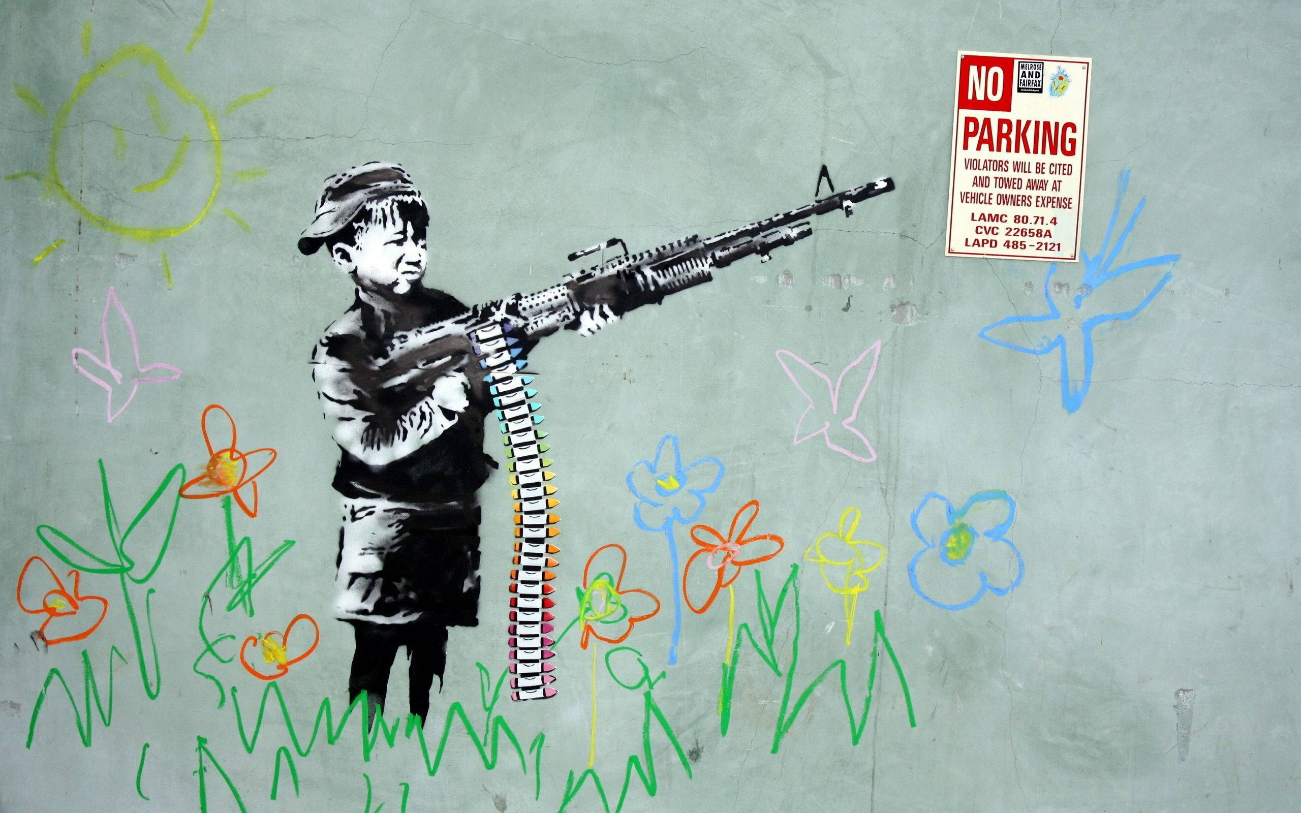 Banksy, child soldier, machine gun, 2K Desktop Wallpaper
