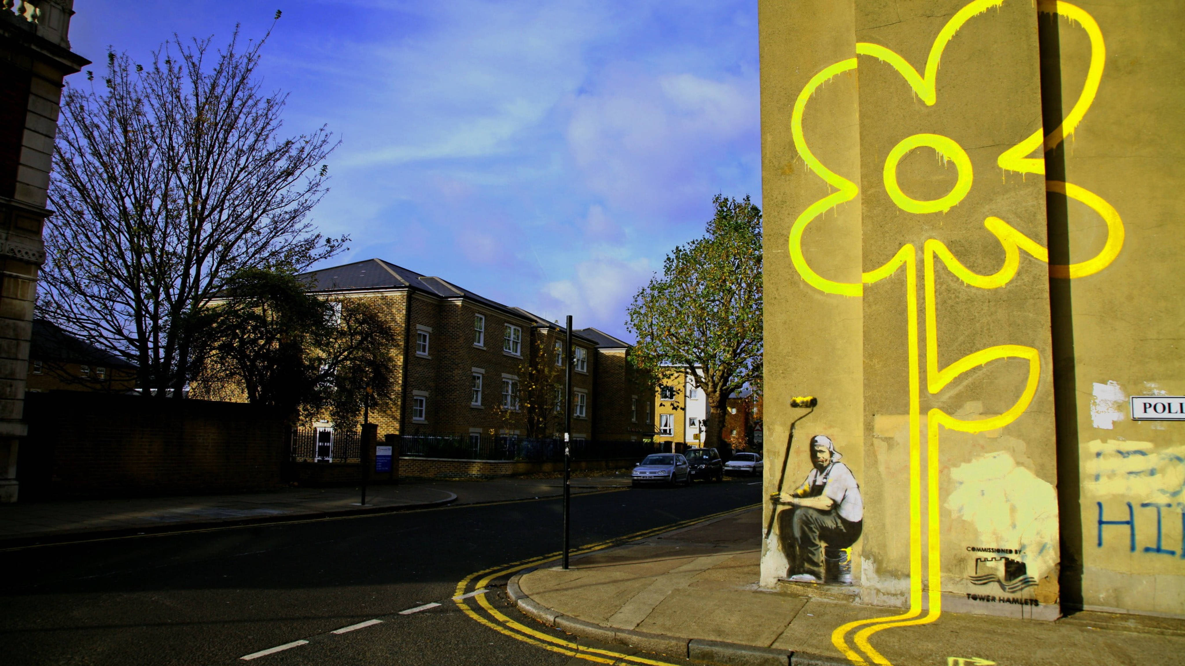 Banksy, yellow lines, flower mural, 4K Desktop Wallpaper