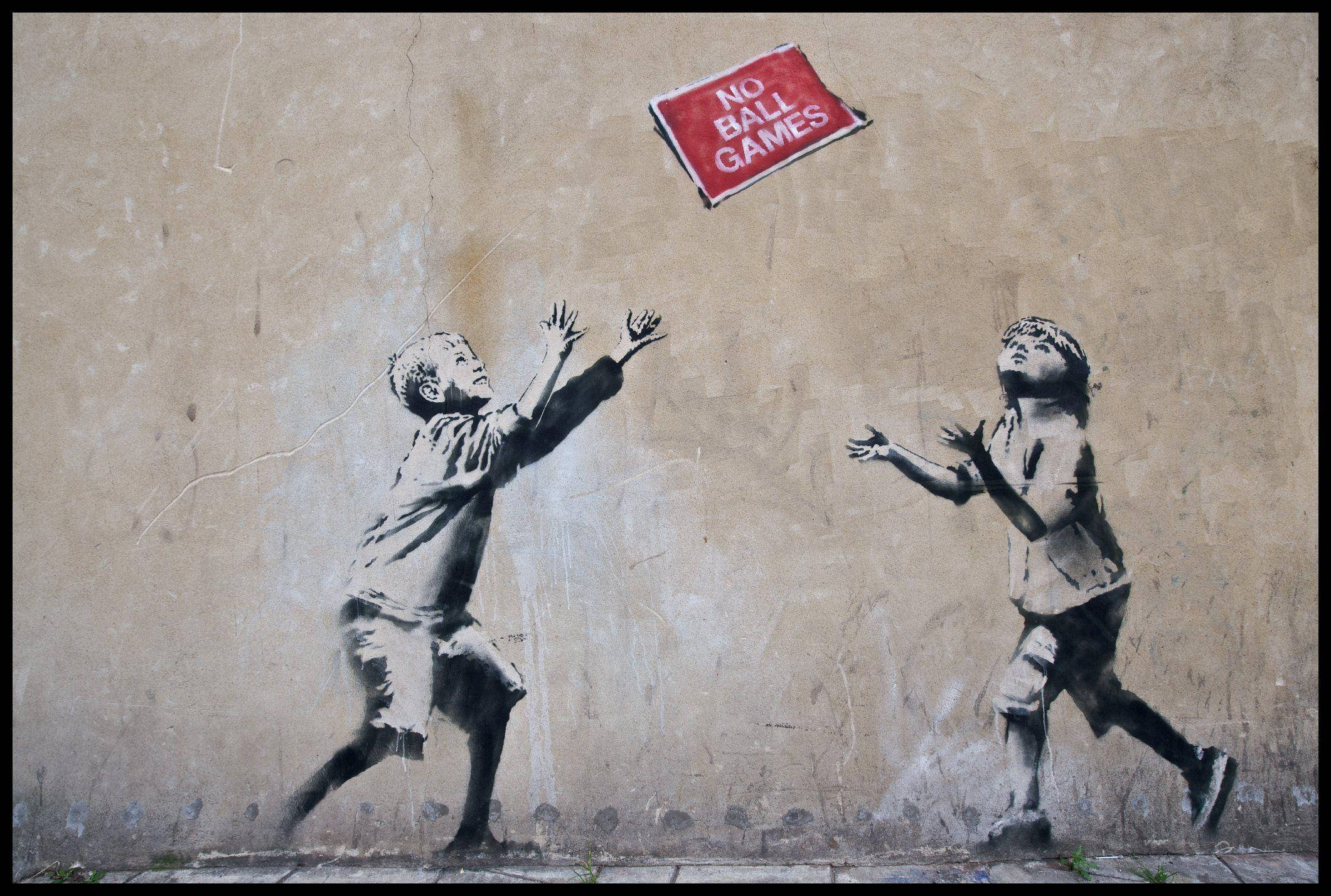 Banksy, no ball games, floating red sign, Full HD Desktop Wallpaper