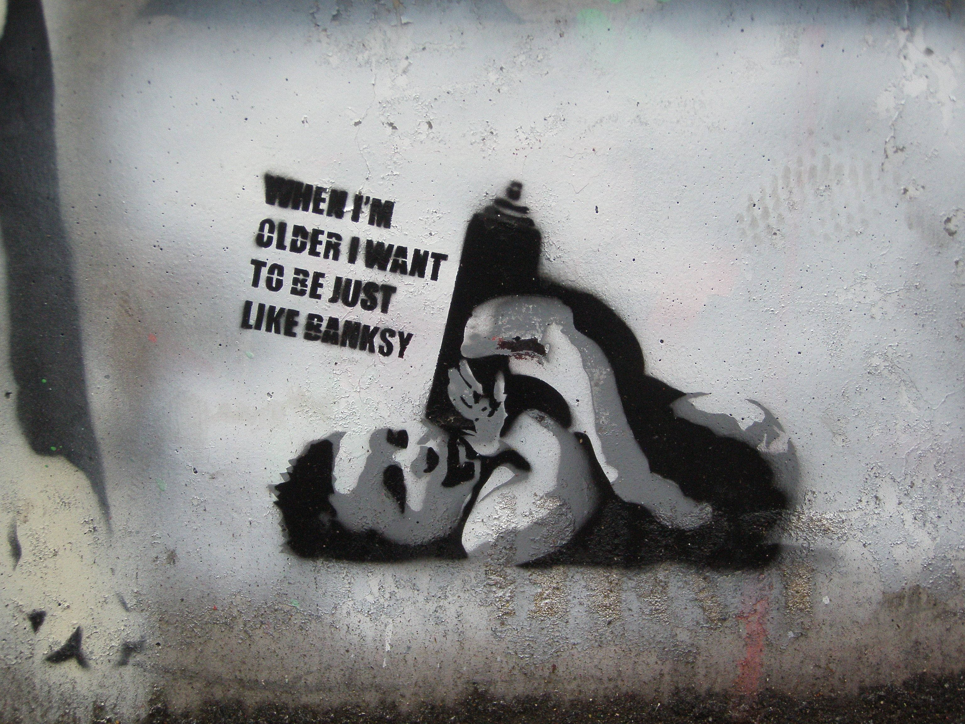 Banksy, child, spray can, 2K Desktop Wallpaper