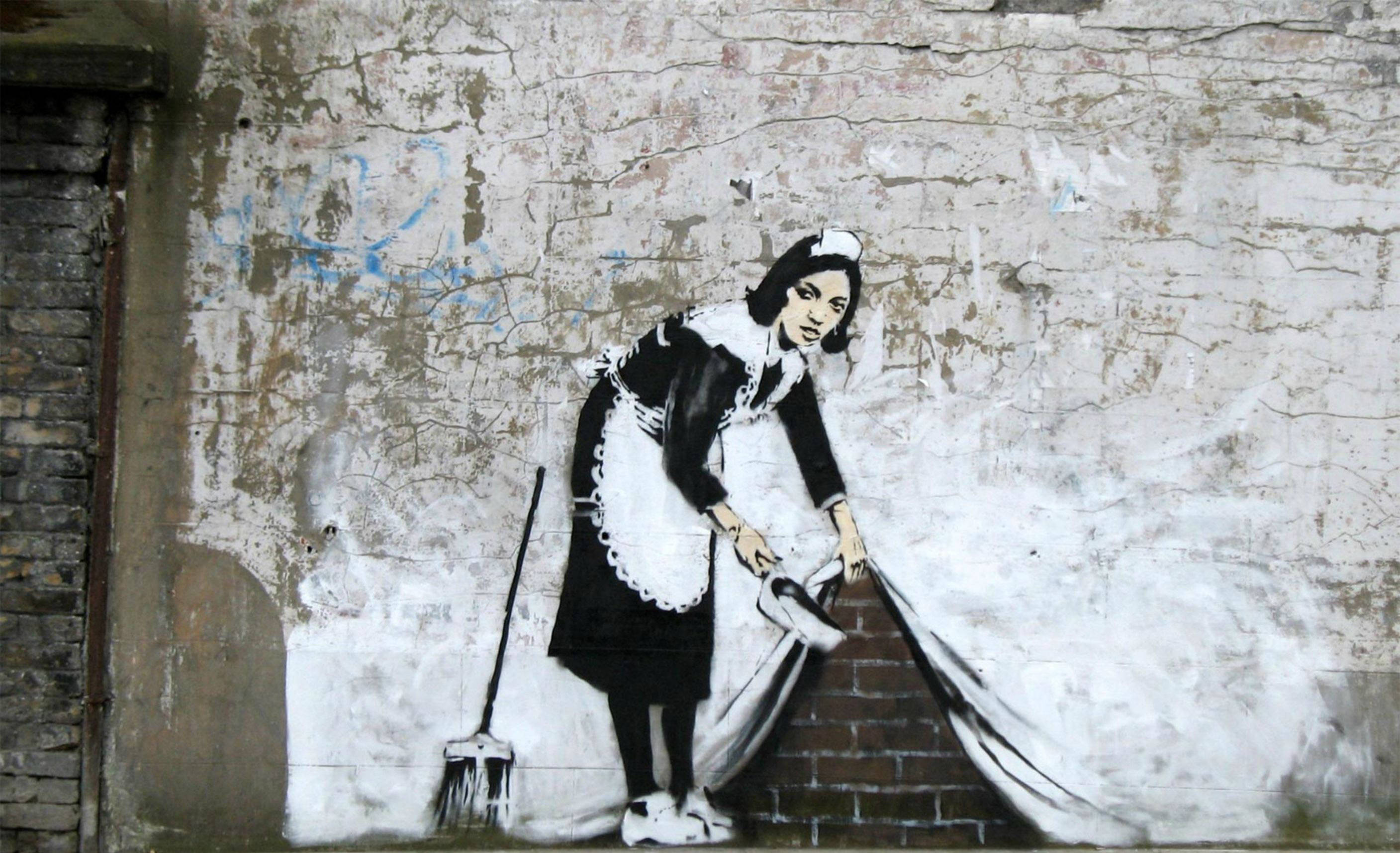 Banksy, street art mural, maid, 2K Desktop Wallpaper