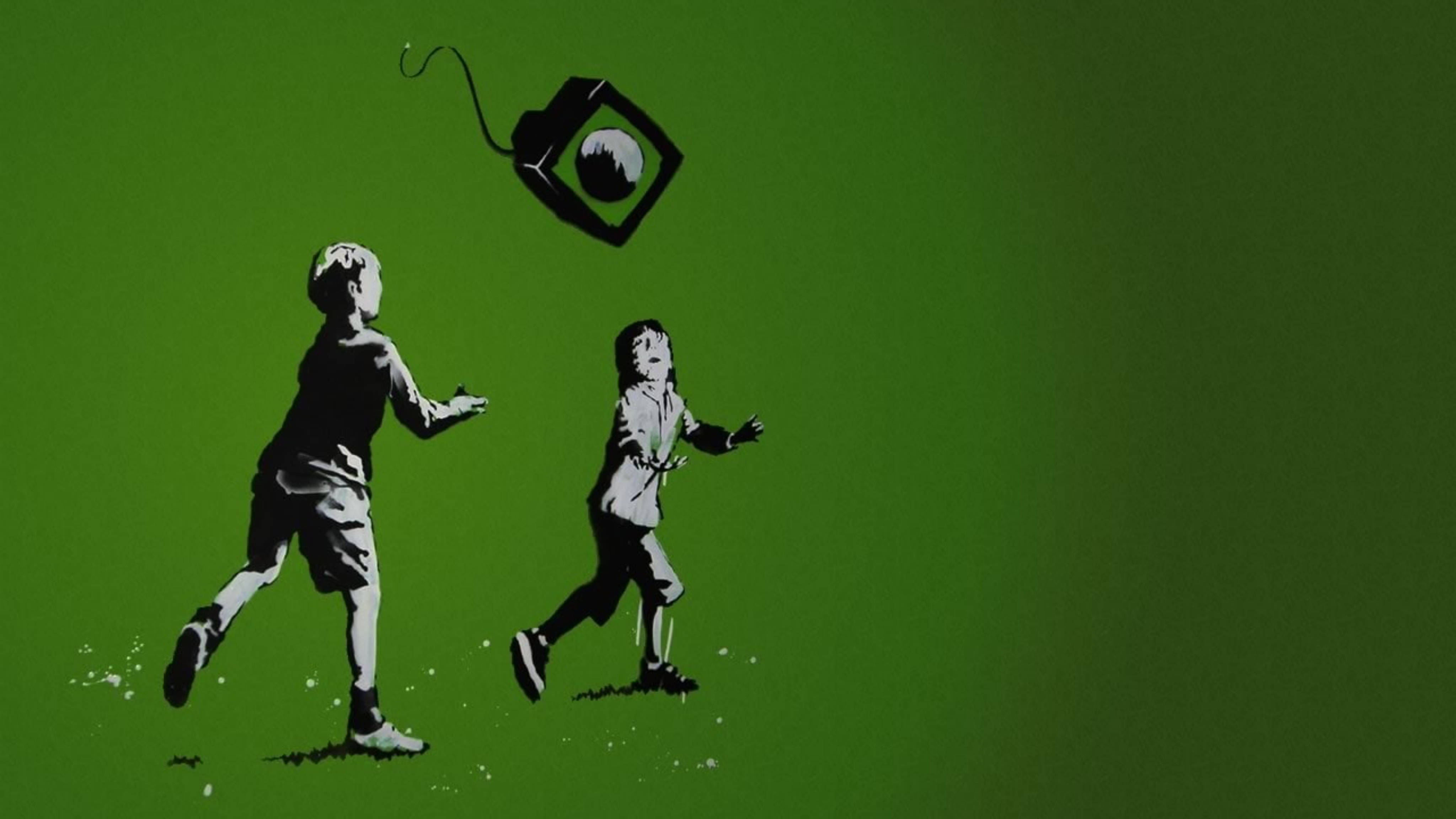 Banksy, television set, stark stencil graffiti style, 4K Desktop Wallpaper