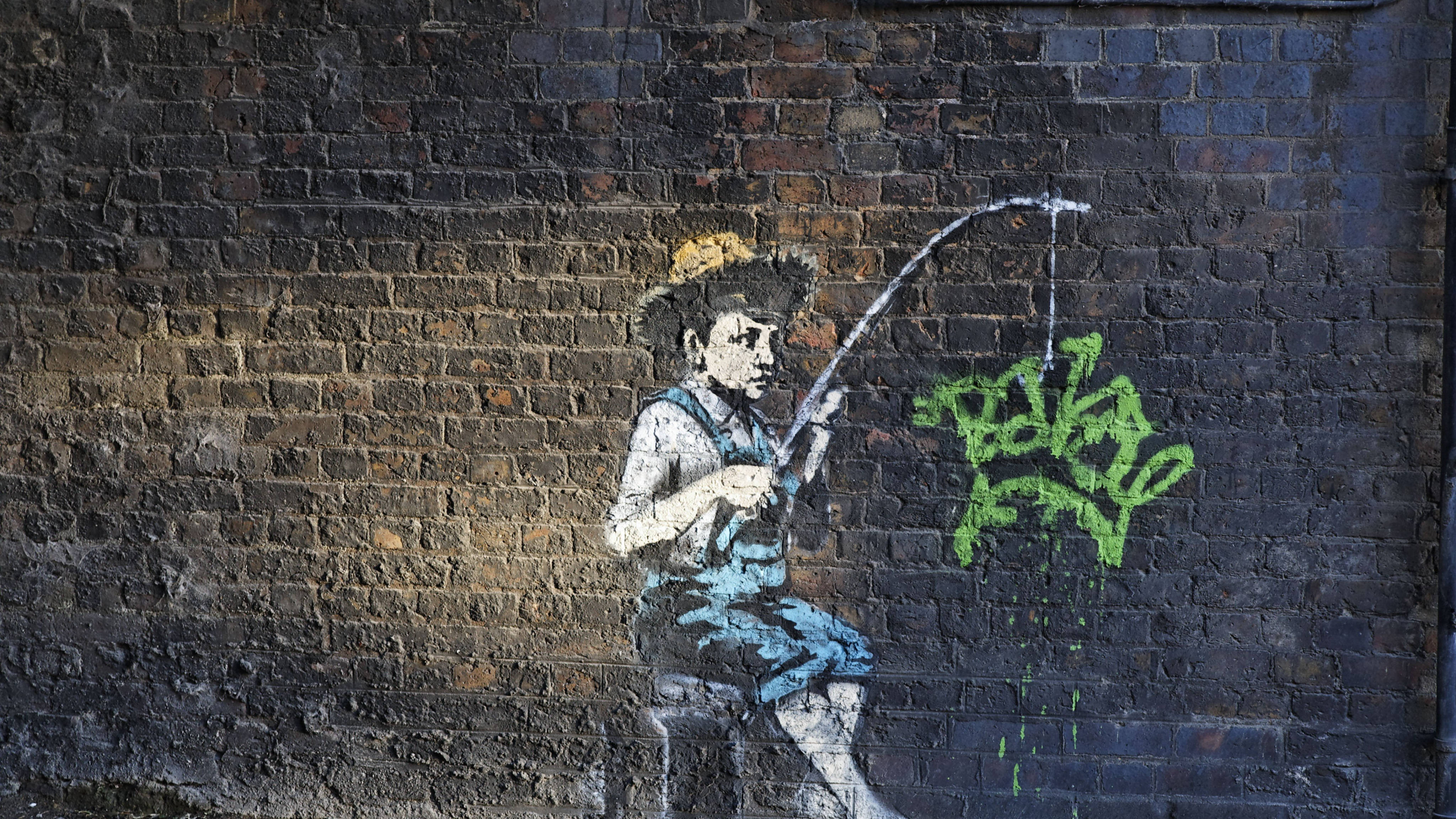 Banksy, fishing boy, bent rod, 4K Desktop Wallpaper