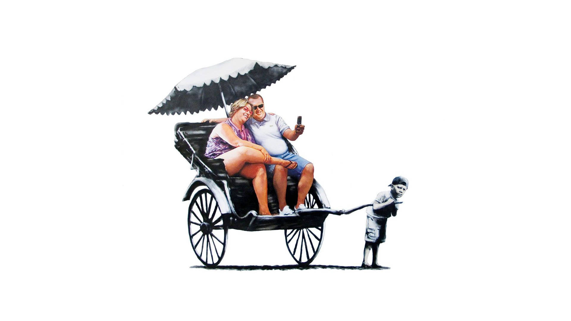 Banksy, rickshaw, black umbrella, Full HD Desktop Wallpaper
