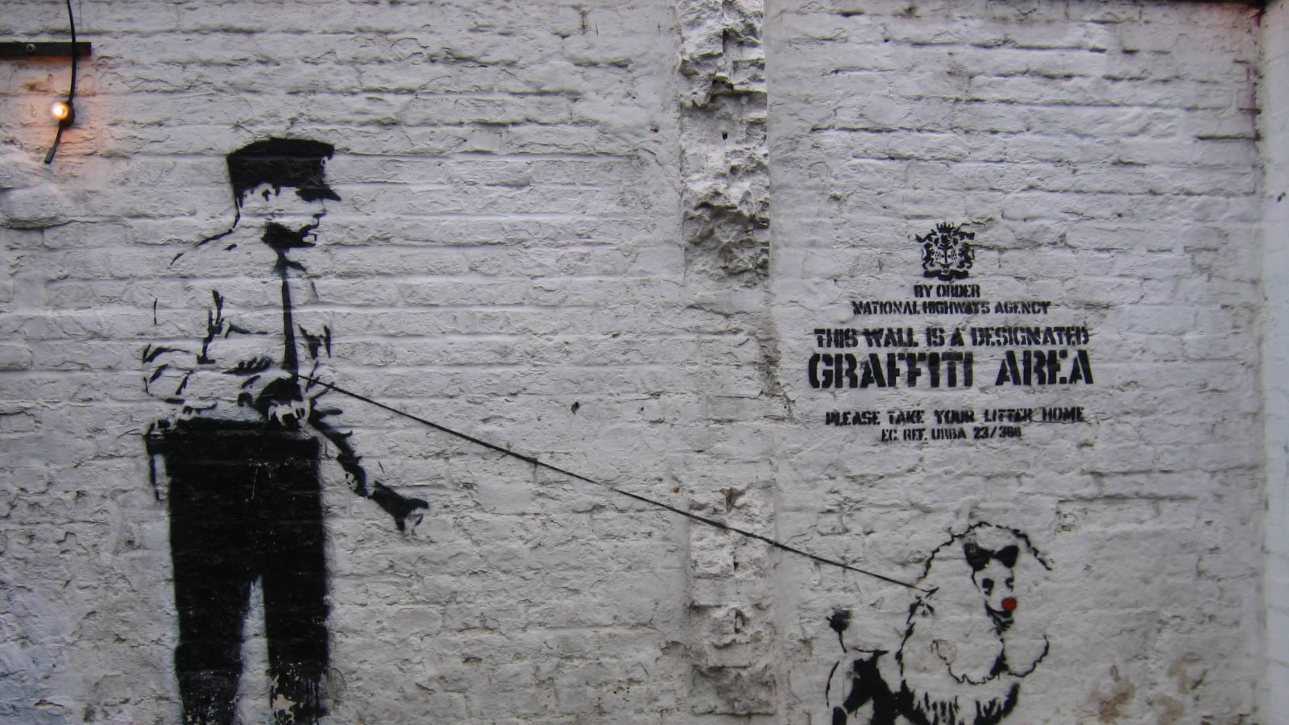 Banksy, police officer, white brick wall, 4K Desktop Wallpaper