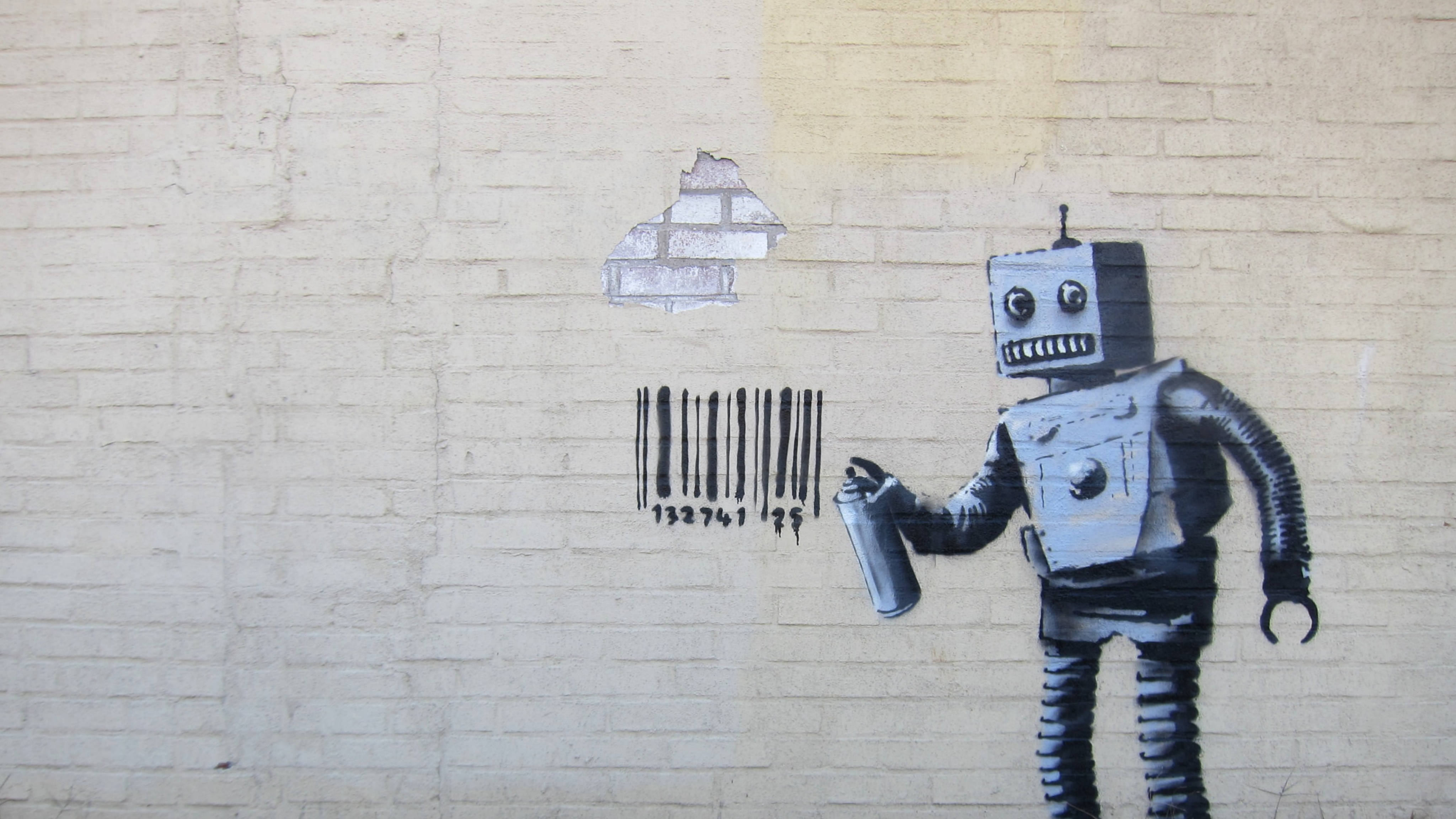 Banksy, barcode, robot, 4K Desktop Wallpaper