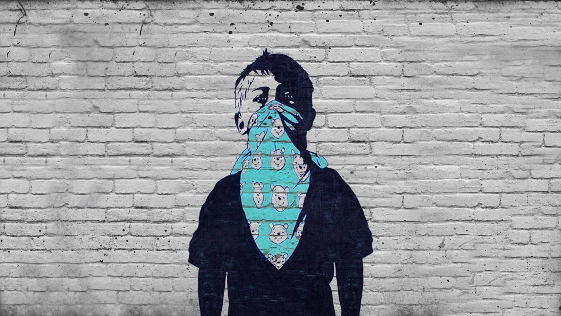 Banksy, blue bandana, cartoon bears, Full HD Desktop Wallpaper