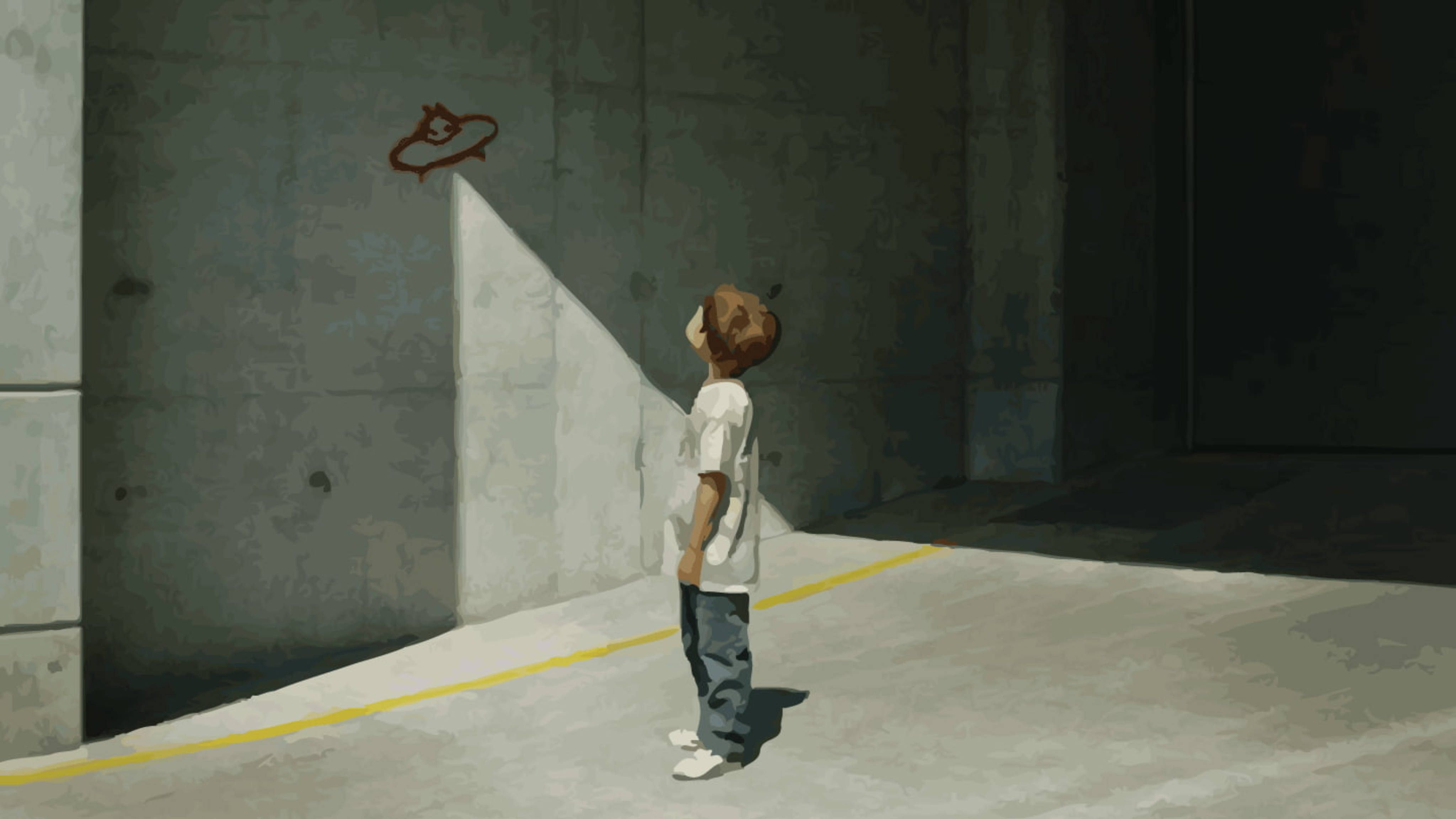 Banksy Boy, white shirt, concrete alleyway, 4K Desktop Wallpaper