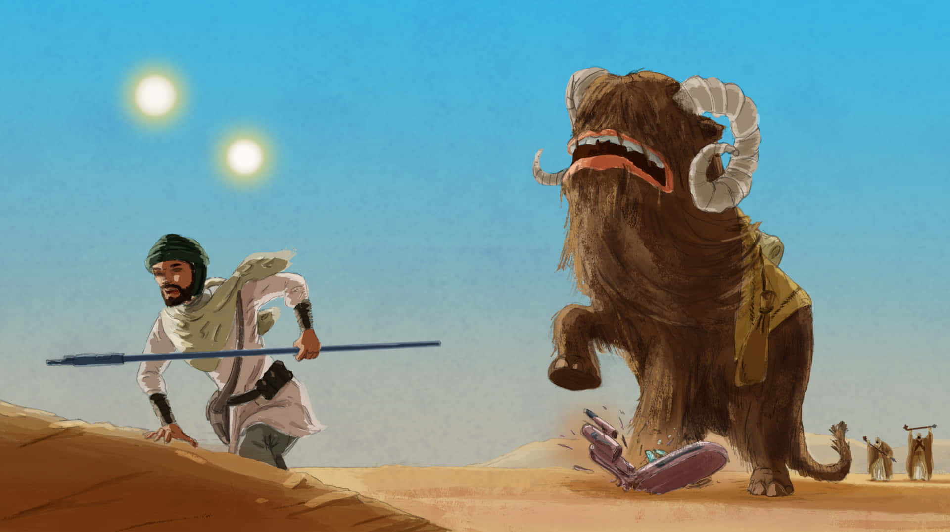 Bantha, desert, two suns, Full HD Desktop Wallpaper