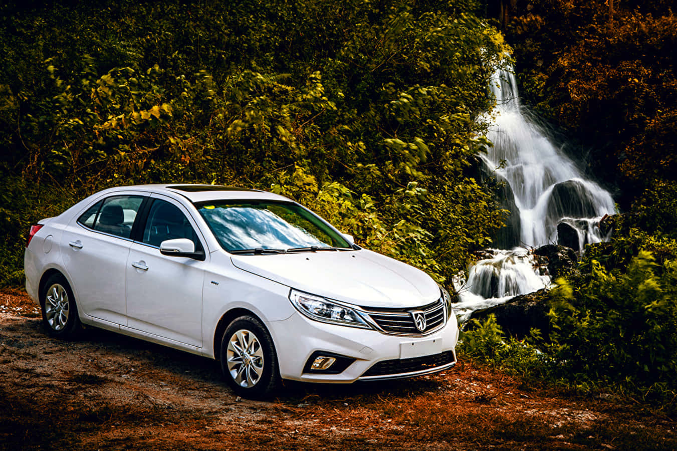 Baojun 1351, white sedan, dirt path, HD Desktop Wallpaper