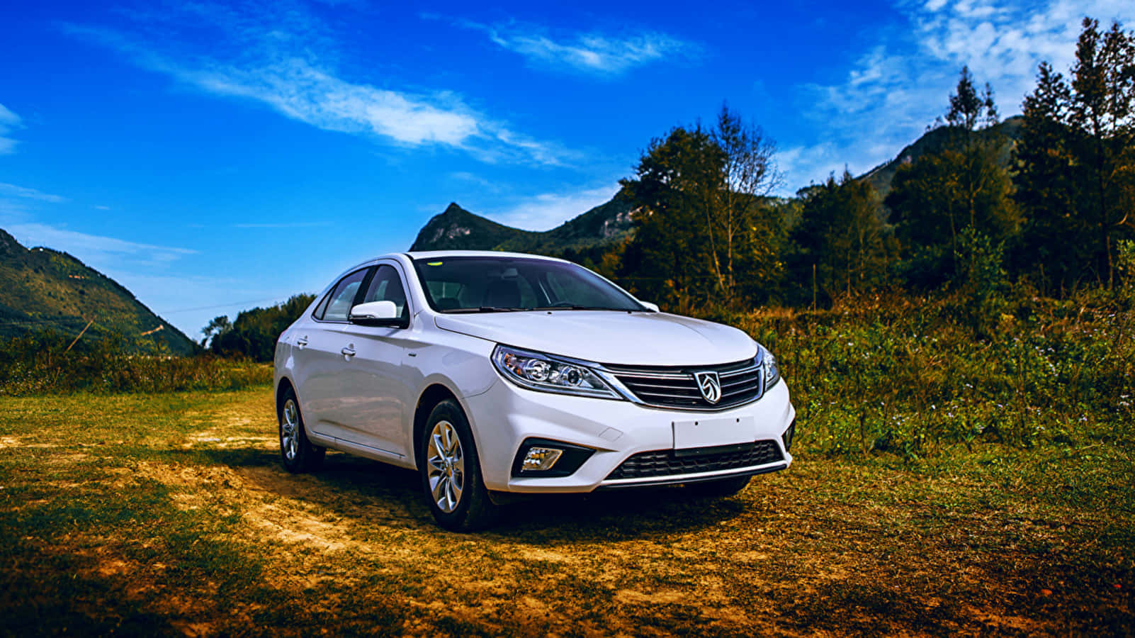 Baojun 1602, white sedan, grassy hillside, HD Desktop Wallpaper