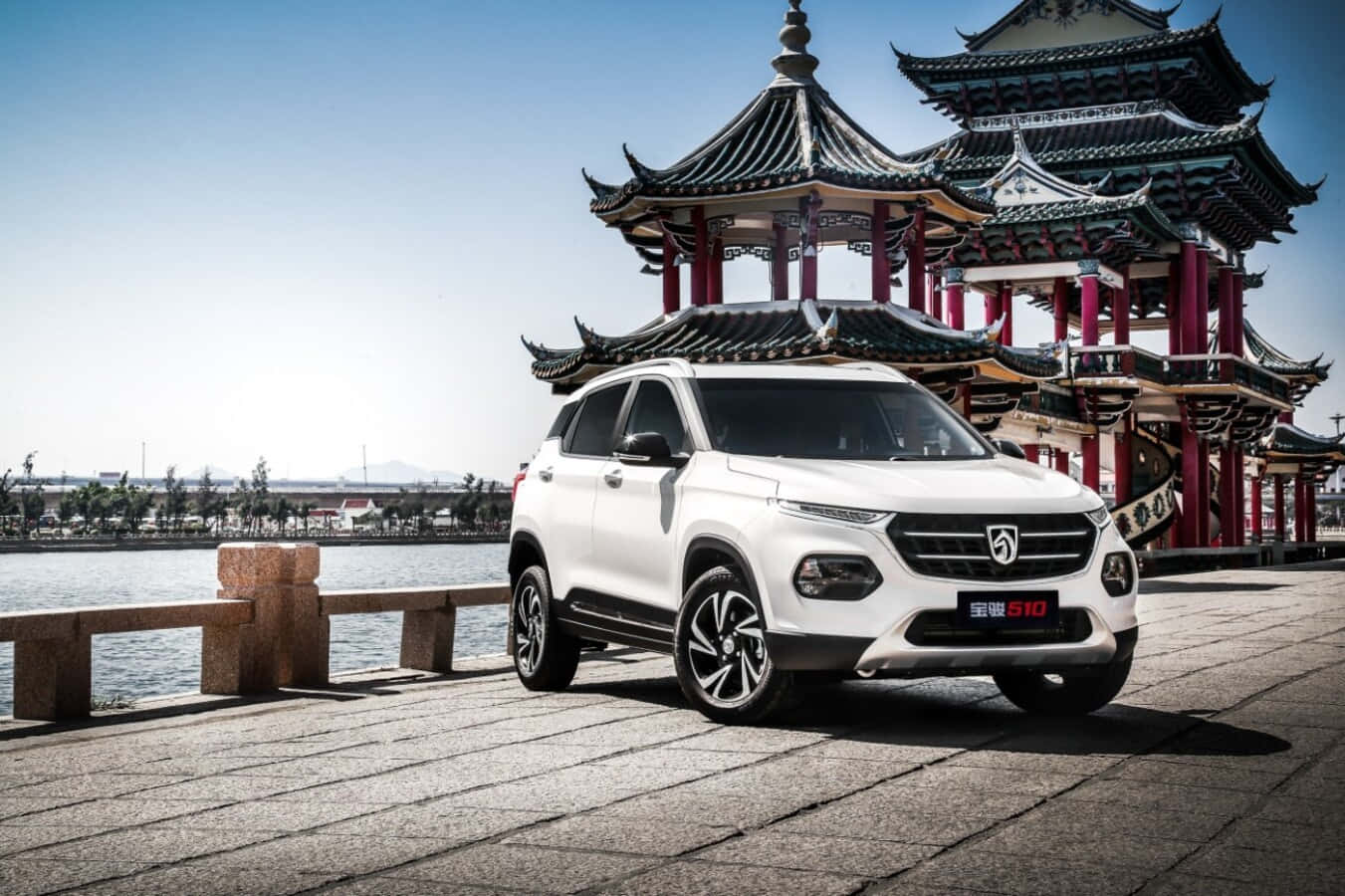Baojun 1351, white SUV, stone pier, HD Desktop Wallpaper
