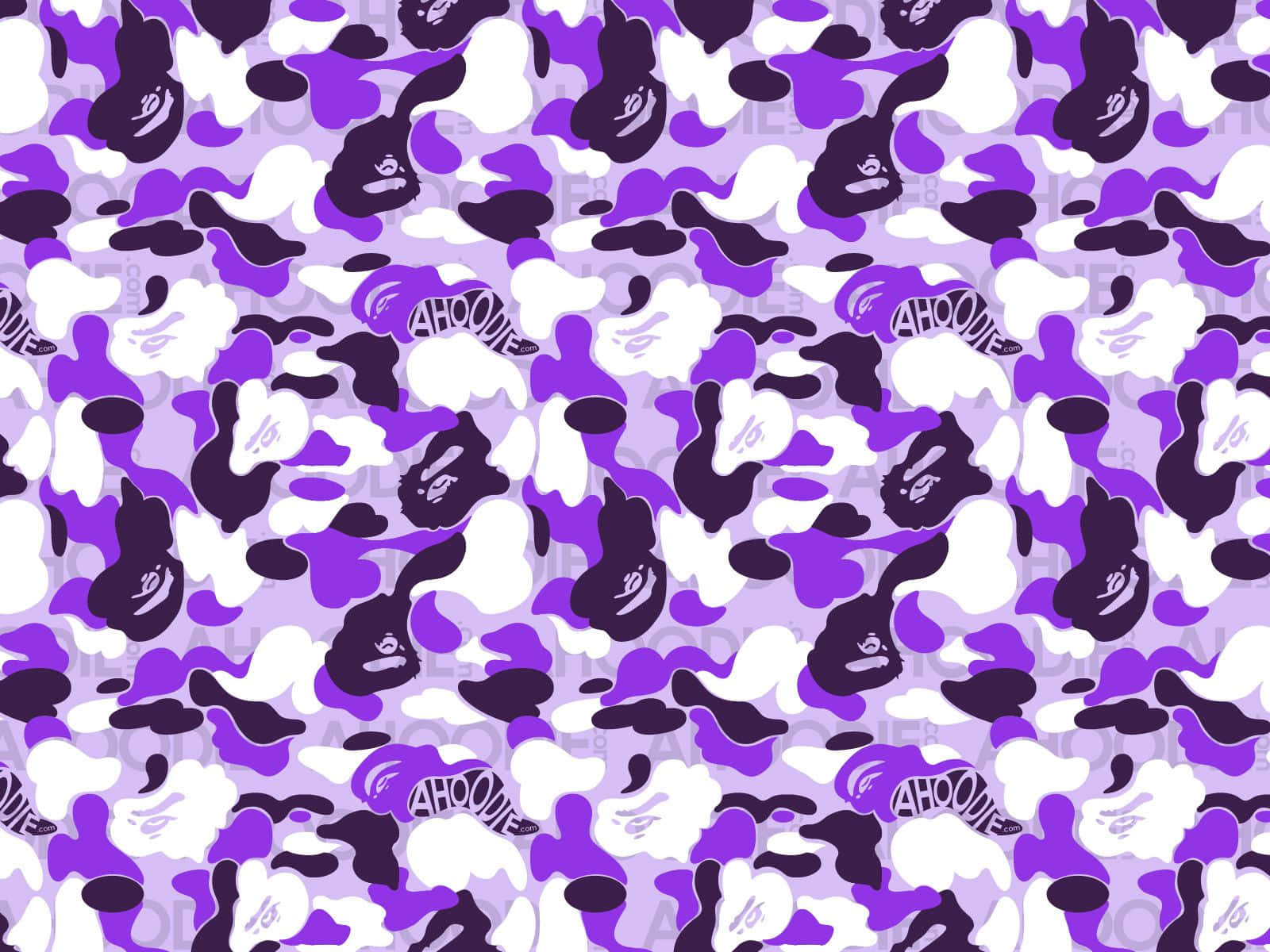 BAPE Camo, vibrant purple and white camouflage pattern, stylized ghost faces, HD Desktop Wallpaper