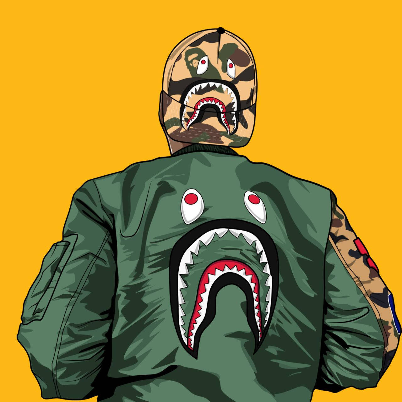 Bape Cartoon, shark-mouth bomber jacket, camouflage shark-face cap, HD Desktop Wallpaper