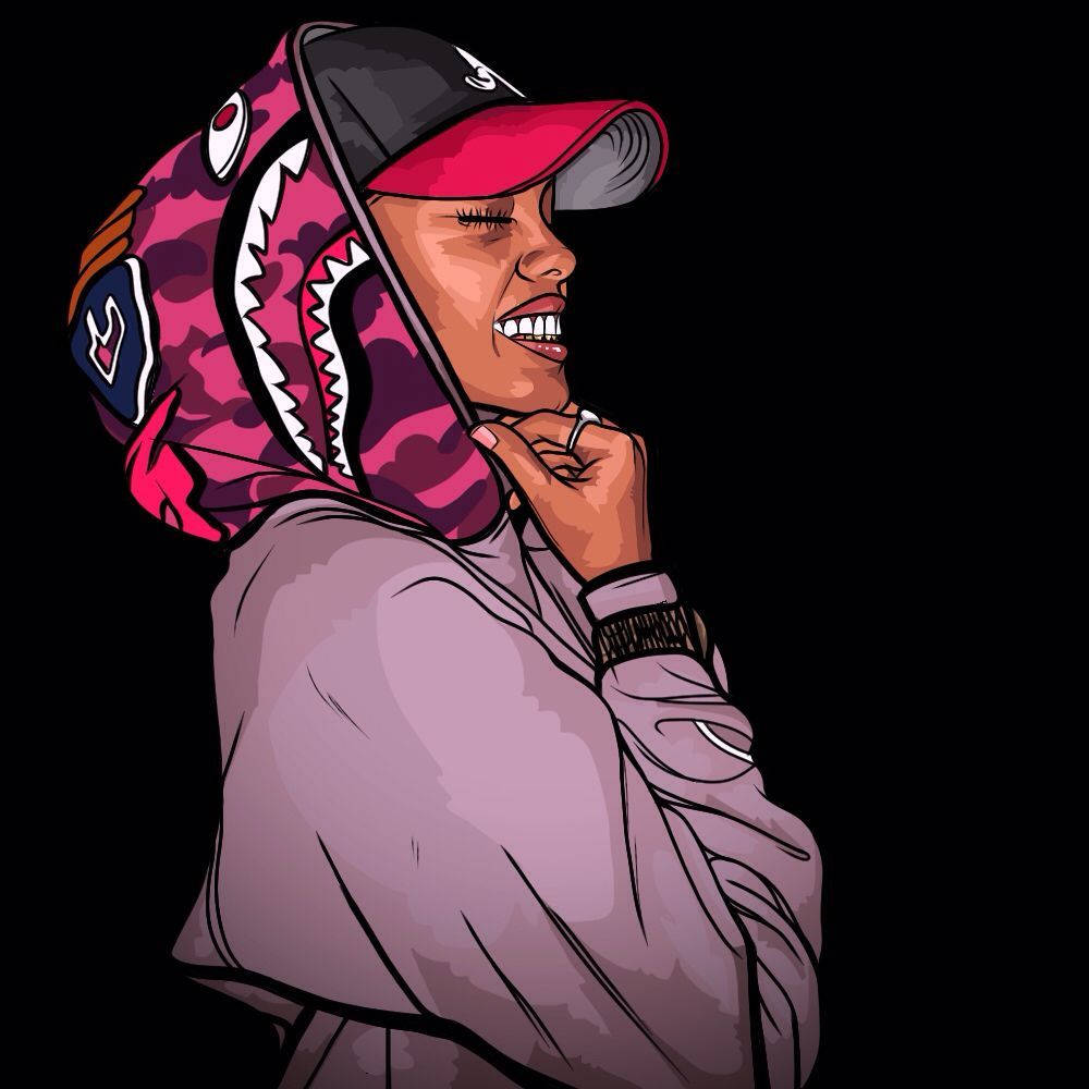 Bape Cartoon, pink shark-mouth hoodie, red cap, SD Desktop Wallpaper