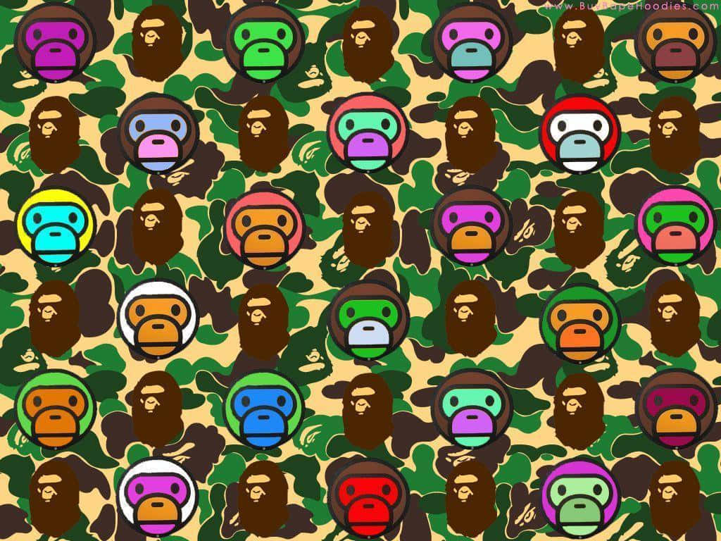 Bape Camo, camouflage pattern, colorful cartoon monkey heads, SD Desktop Wallpaper