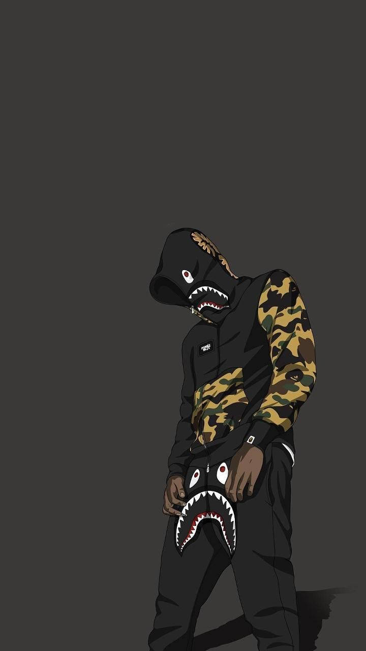 Bape Cartoon, camouflage sleeves, shark-mouthed apparel, HD Phone Wallpaper