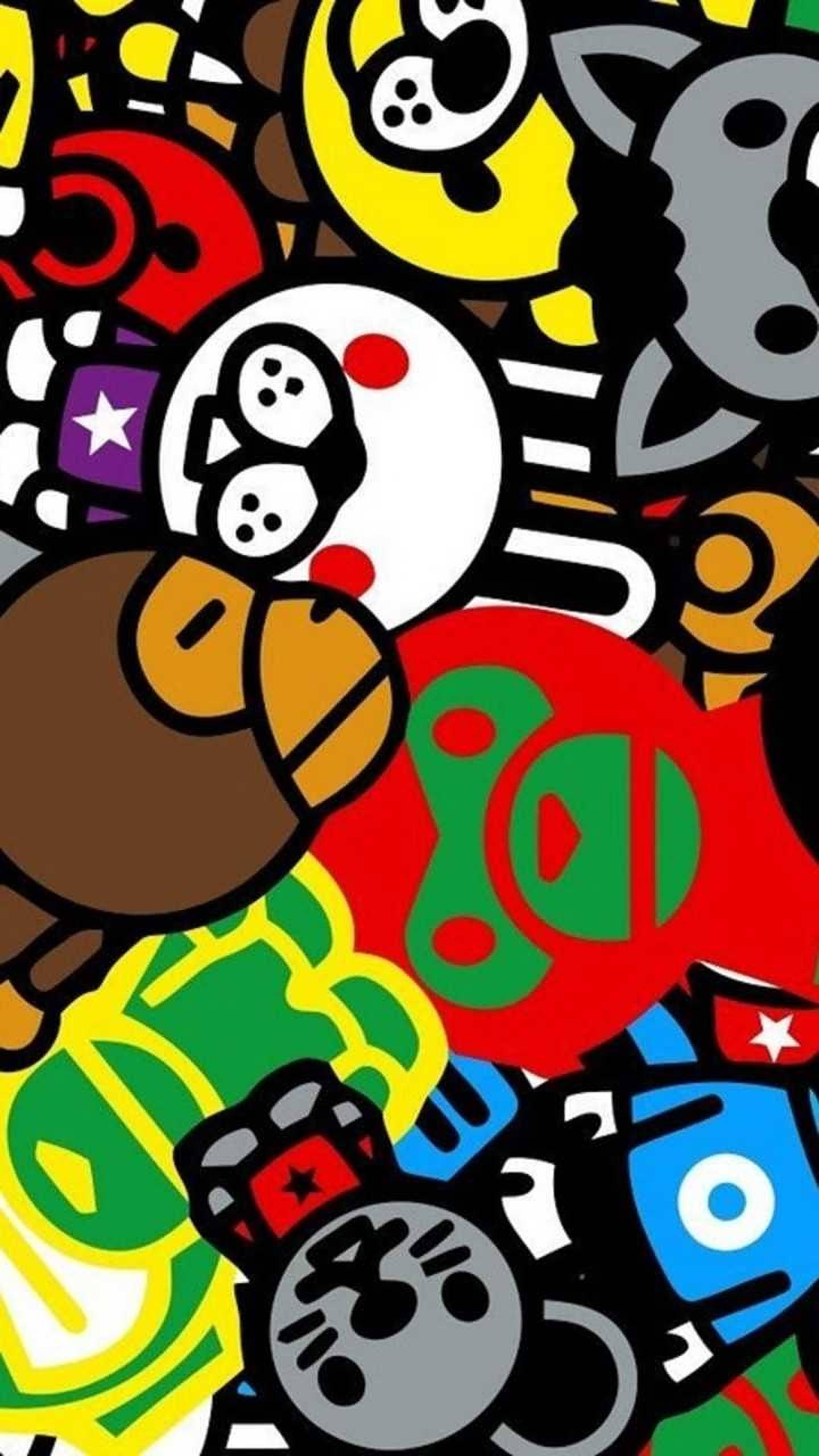 BAPE Logo, doodle art, vibrant cartoon characters, 2K Phone Wallpaper