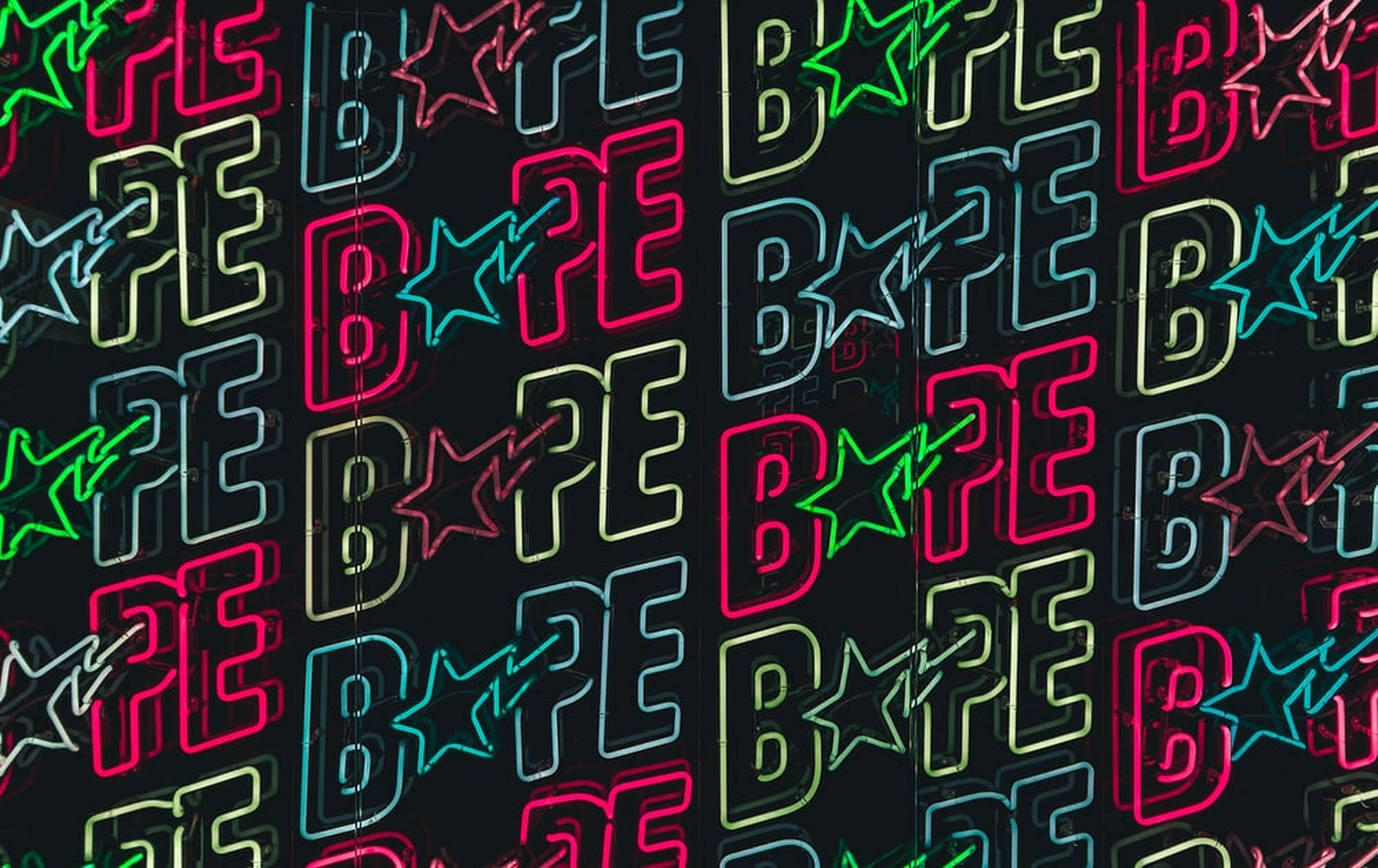neon lights, BAPE Logo, pink green and blue, Full HD Desktop Wallpaper