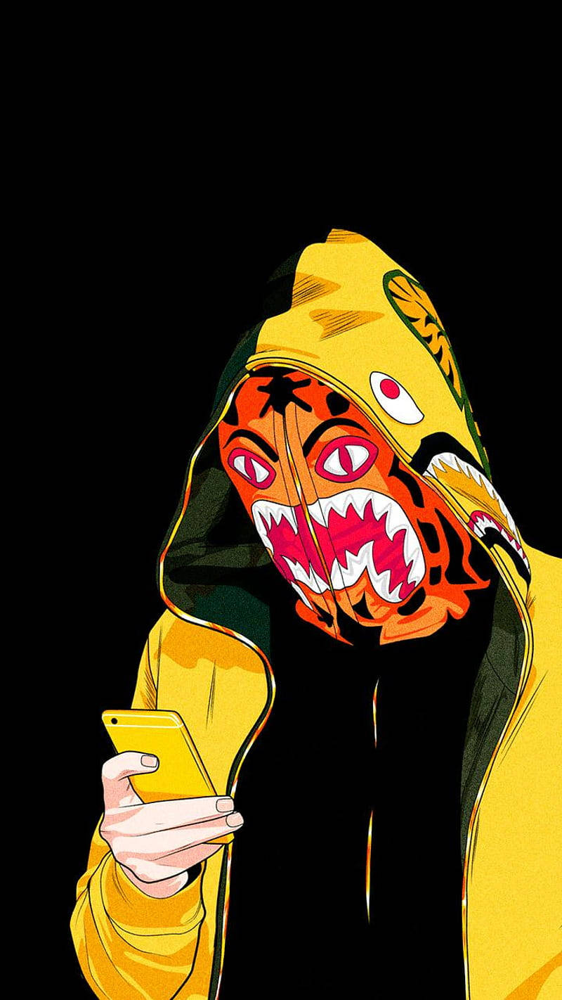 Bape Cartoon, yellow hoodie, tiger mask, HD Phone Wallpaper