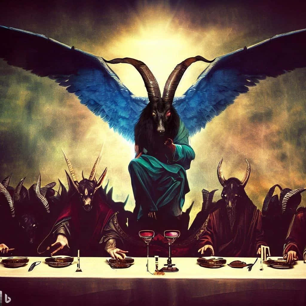 Baphomet, winged goat-headed figure, glowing red eyes, SD Desktop Wallpaper