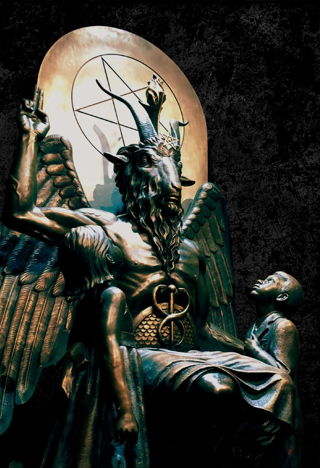 Baphomet, bronze statue, horned goat-headed figure, HD Phone Wallpaper