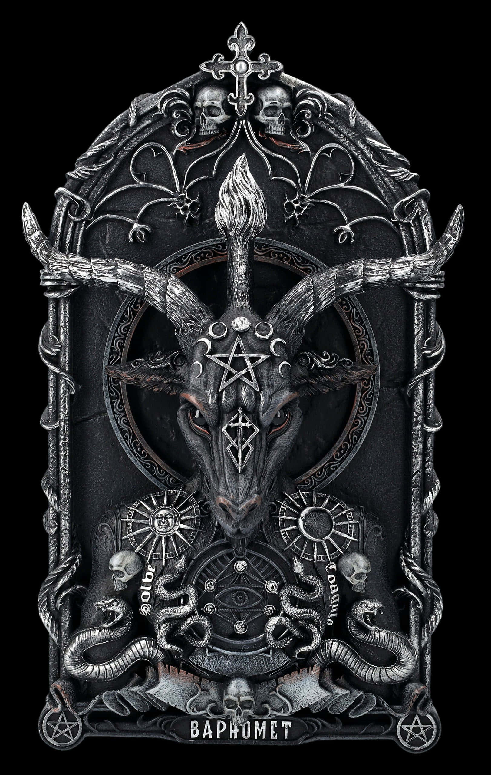 Baphomet, metallic silver, goat horns, 2K Phone Wallpaper