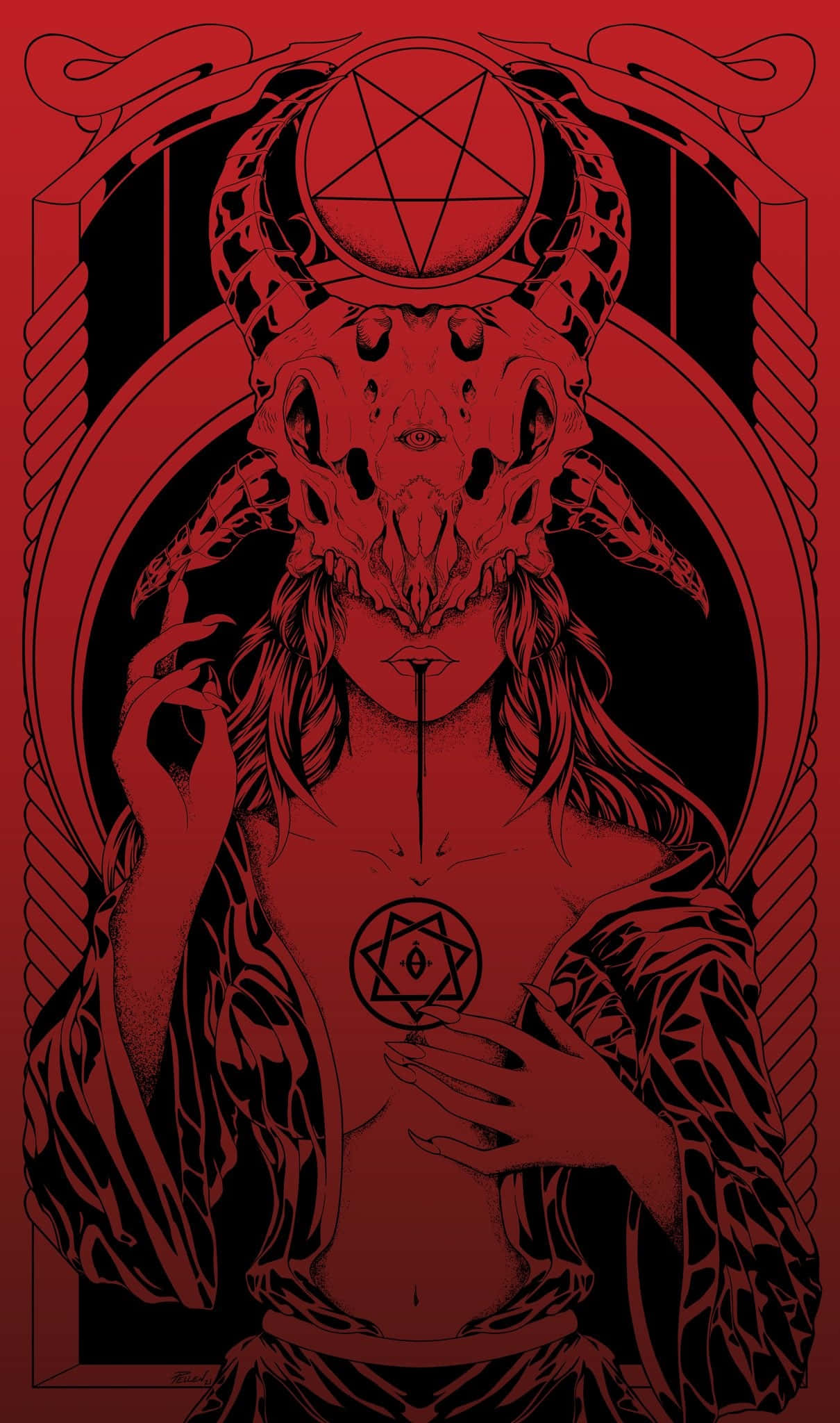 Red Baphomet, skeletal figure, pentagram crown, Full HD Phone Wallpaper