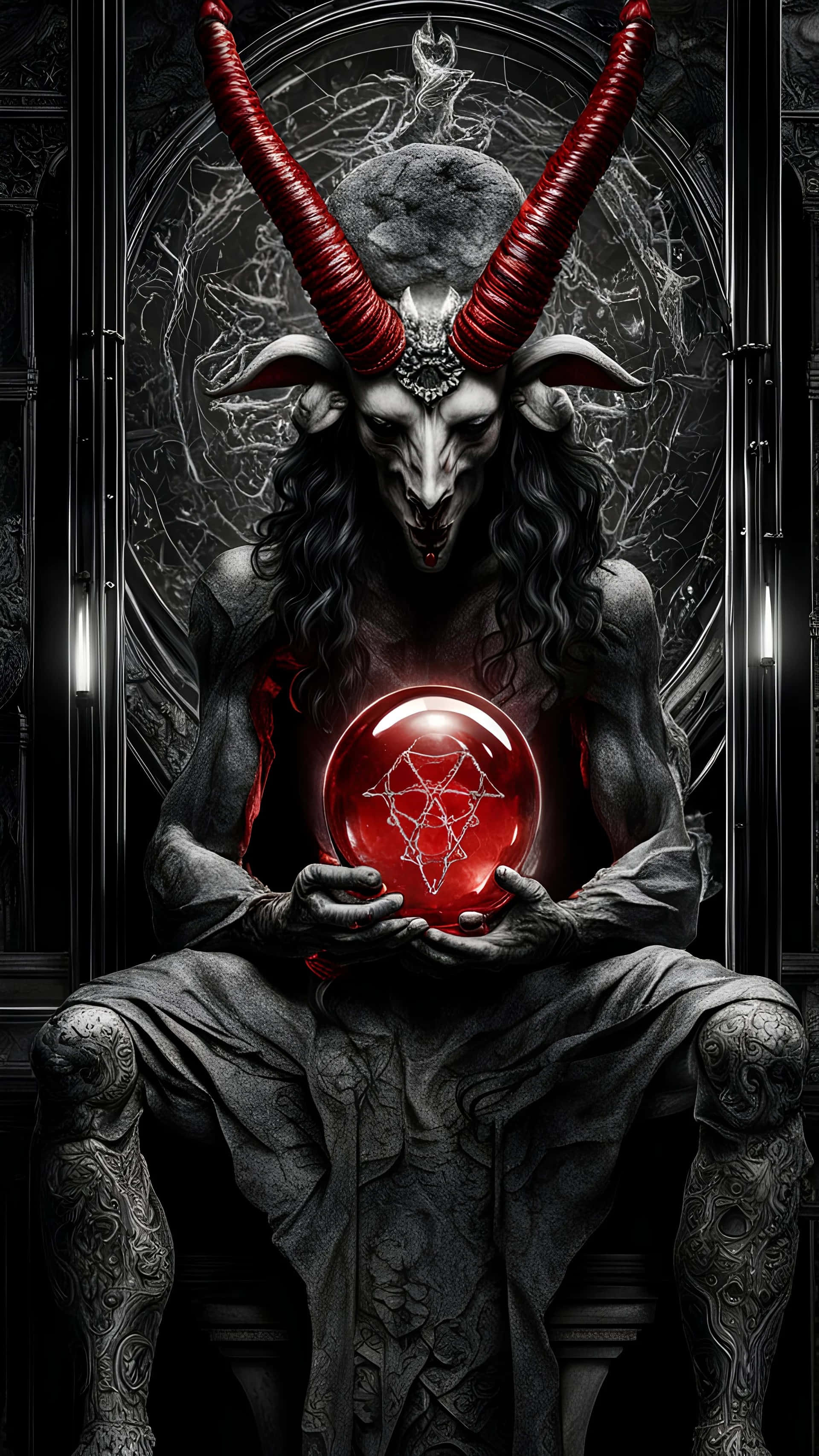 Baphomet, crystal ball, pentagram orb, 2K Phone Wallpaper