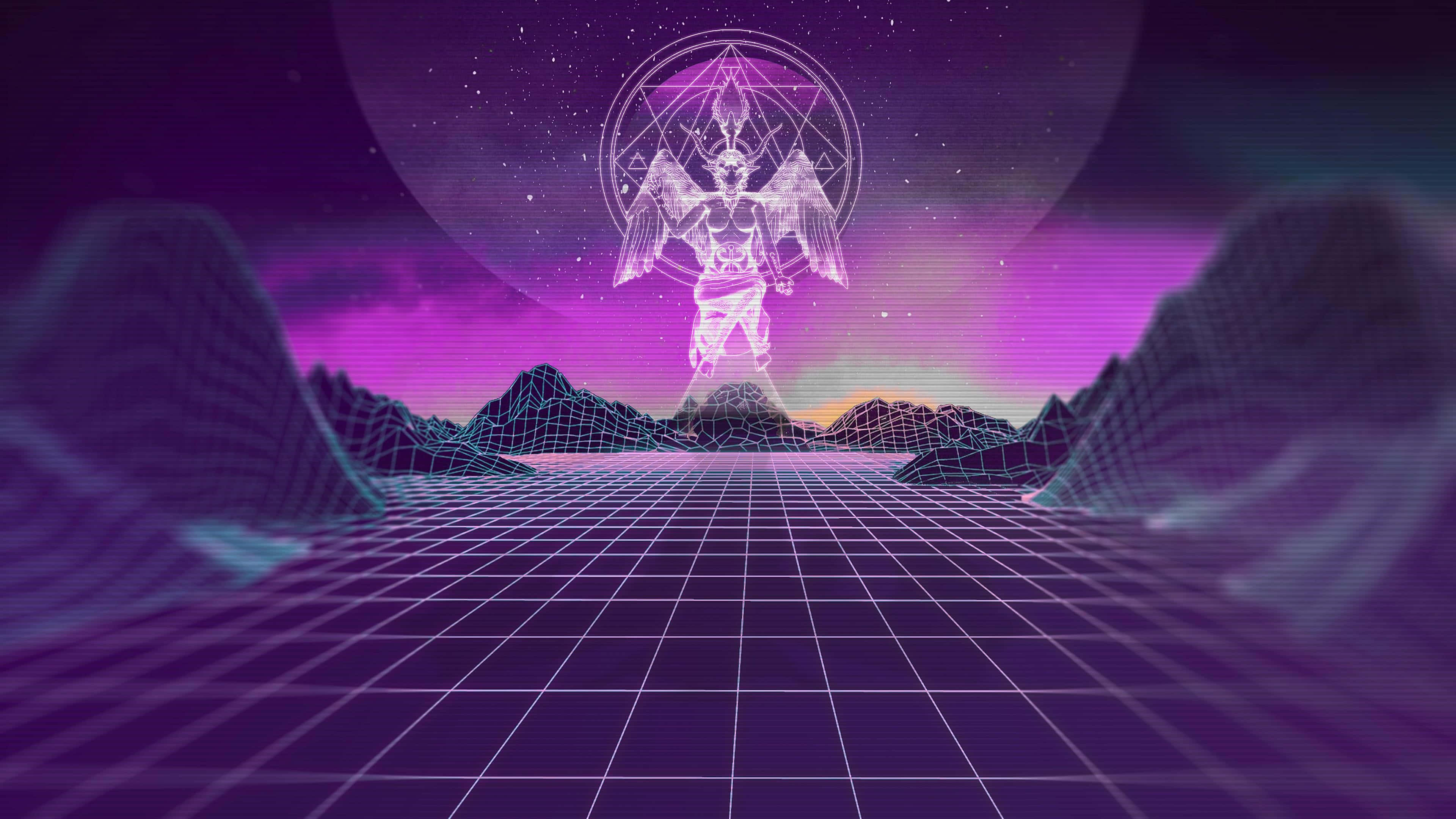 Baphomet, glowing wireframe angel, purple starry sky, 4K Desktop Wallpaper