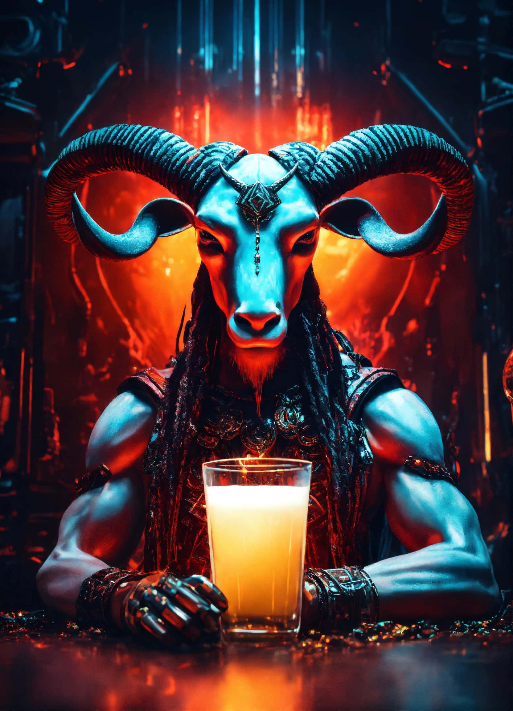 Baphomet, glowing blue skin, ornate armor, Full HD Phone Wallpaper