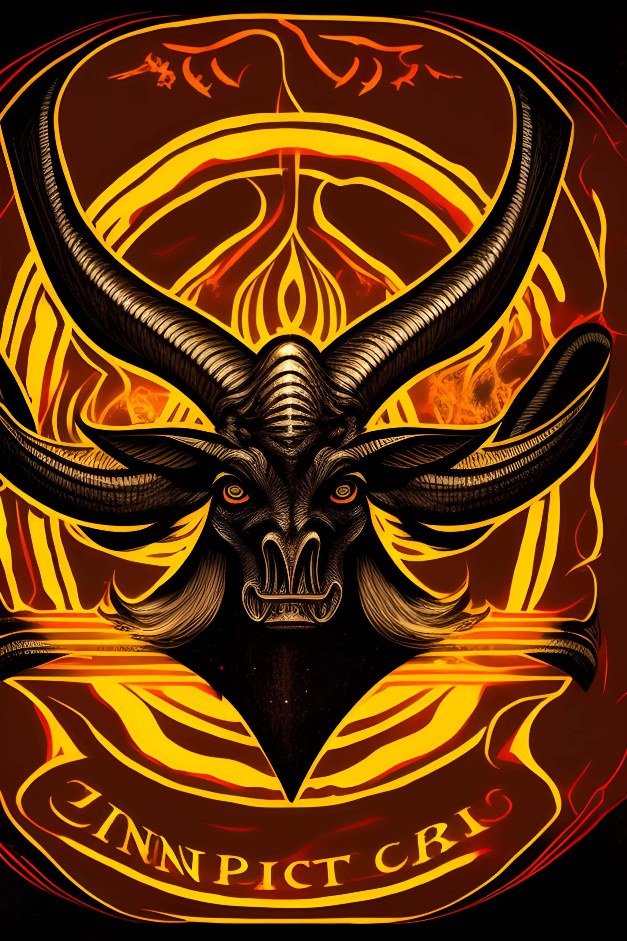 Baphomet, glowing eyes, intricate black linework, 2K Phone Wallpaper