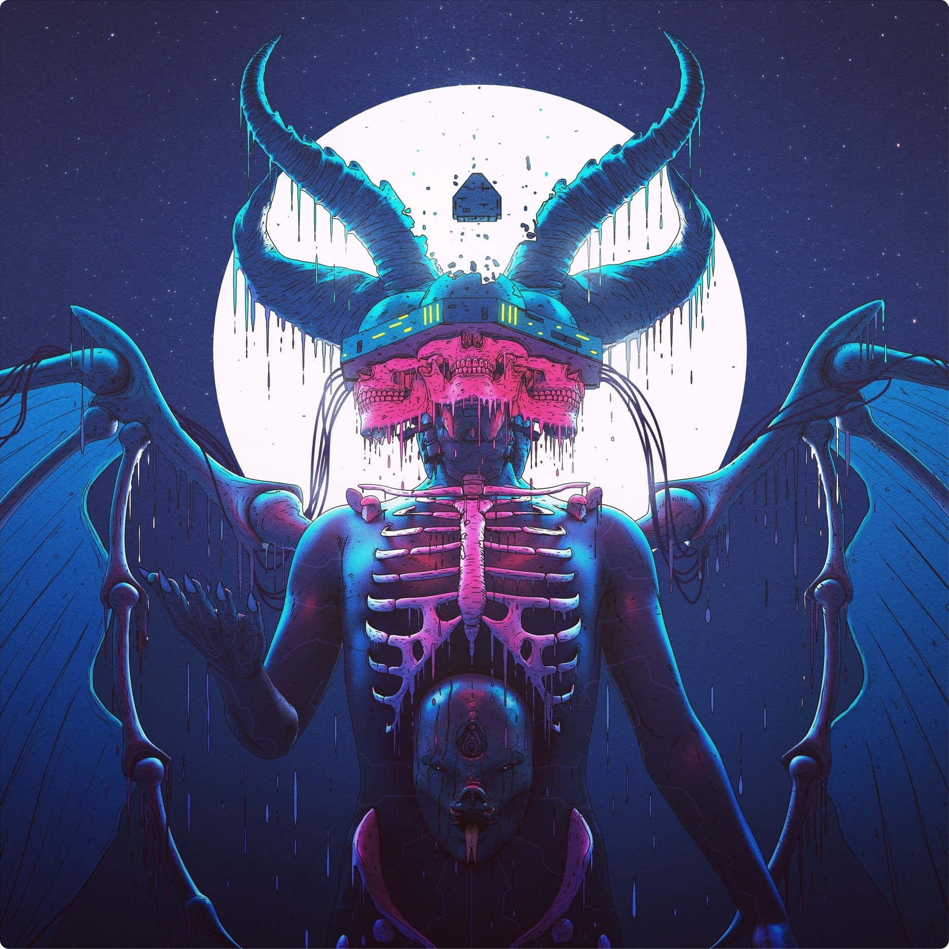 Baphomet, glowing pink skulls, blue wings, HD Desktop Wallpaper
