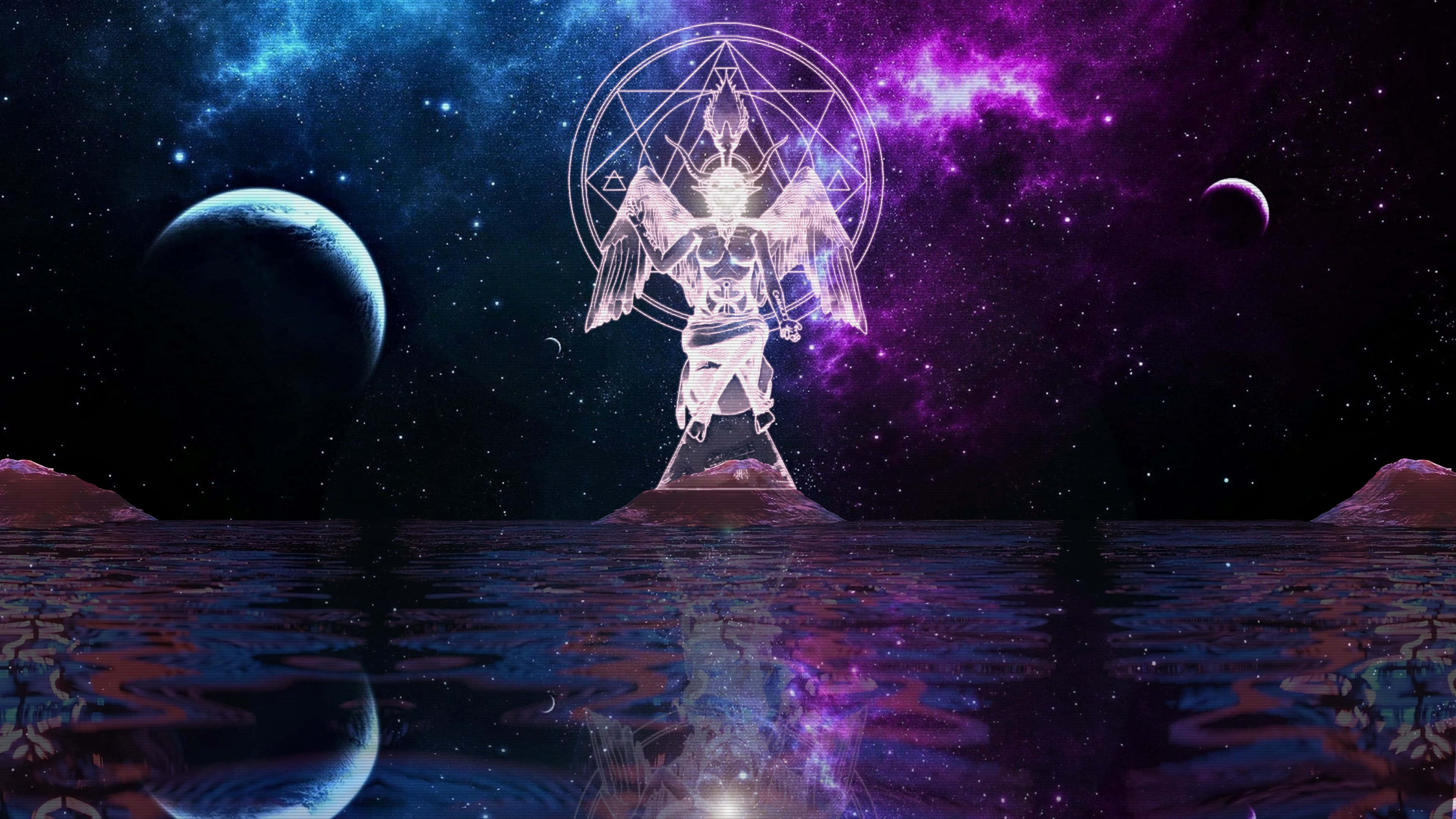 Baphomet, cosmic island, starry water, 4K Desktop Wallpaper