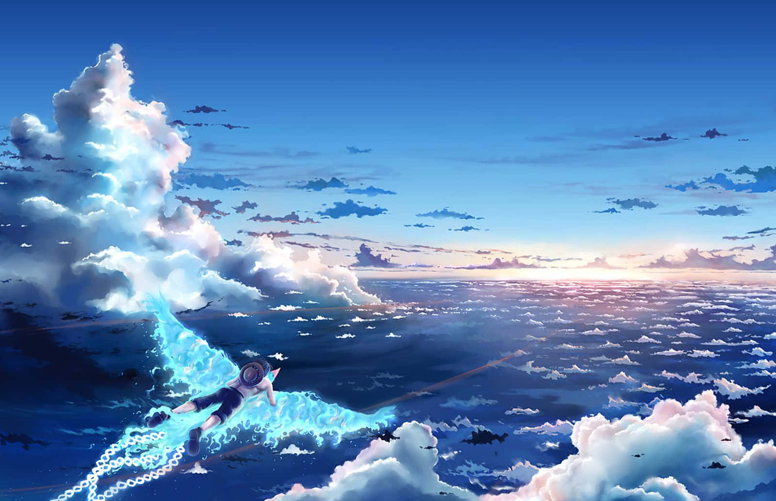 Baratie, glowing blue energy trail, sea of clouds, HD Desktop Wallpaper