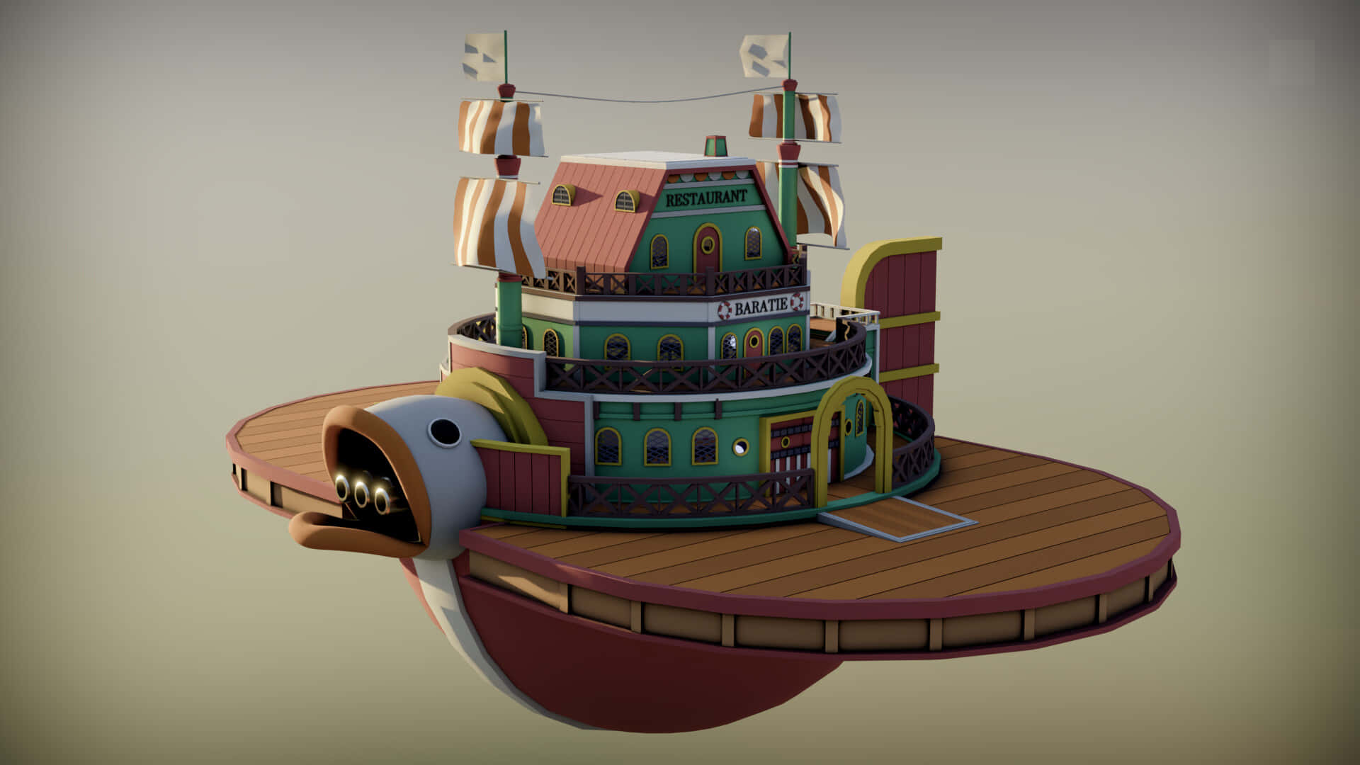 Baratie, floating ship restaurant, giant fish head, Full HD Desktop Wallpaper