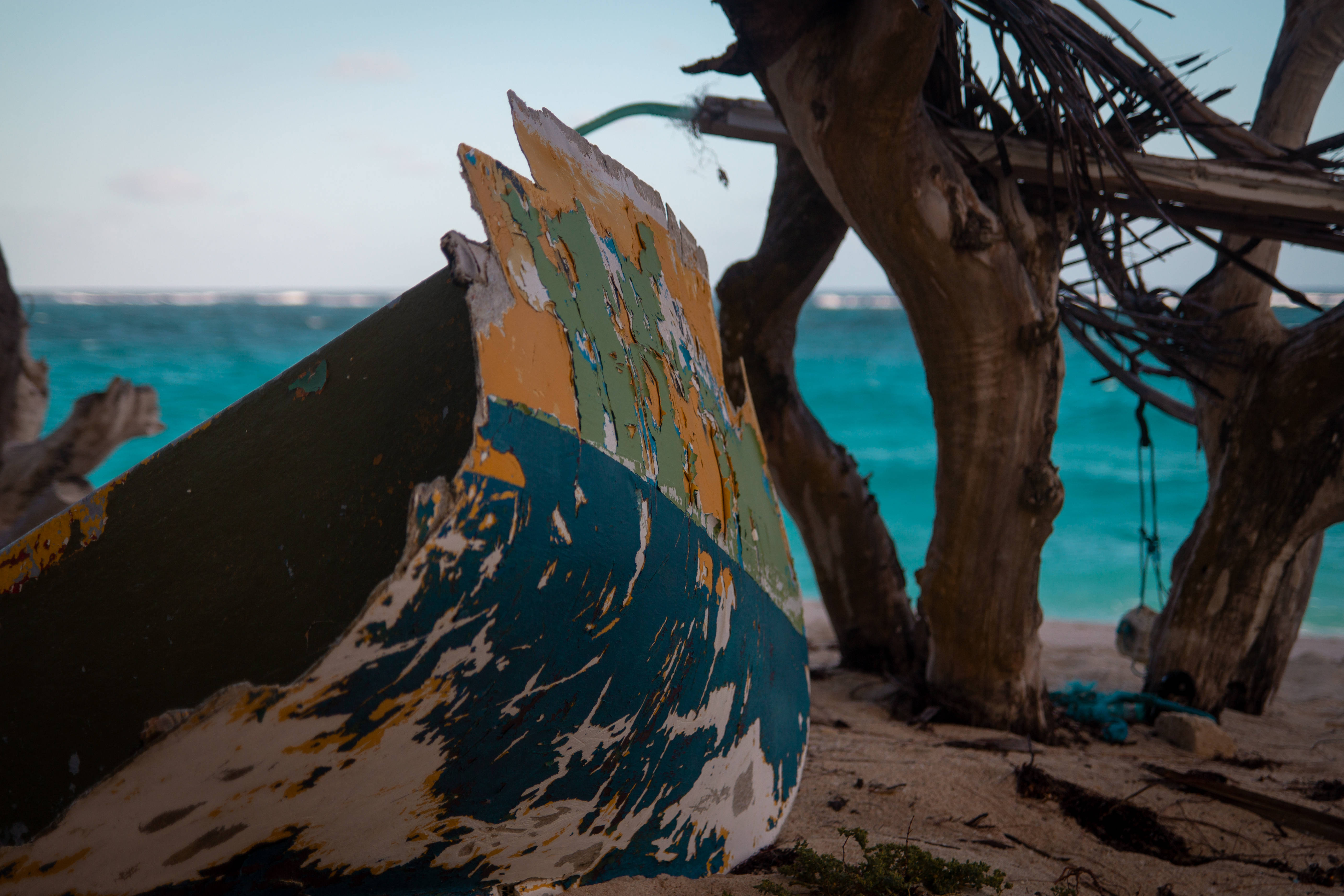 Barbados, wrecked ship, peeling blue orange and white paint, 5K Desktop Wallpaper