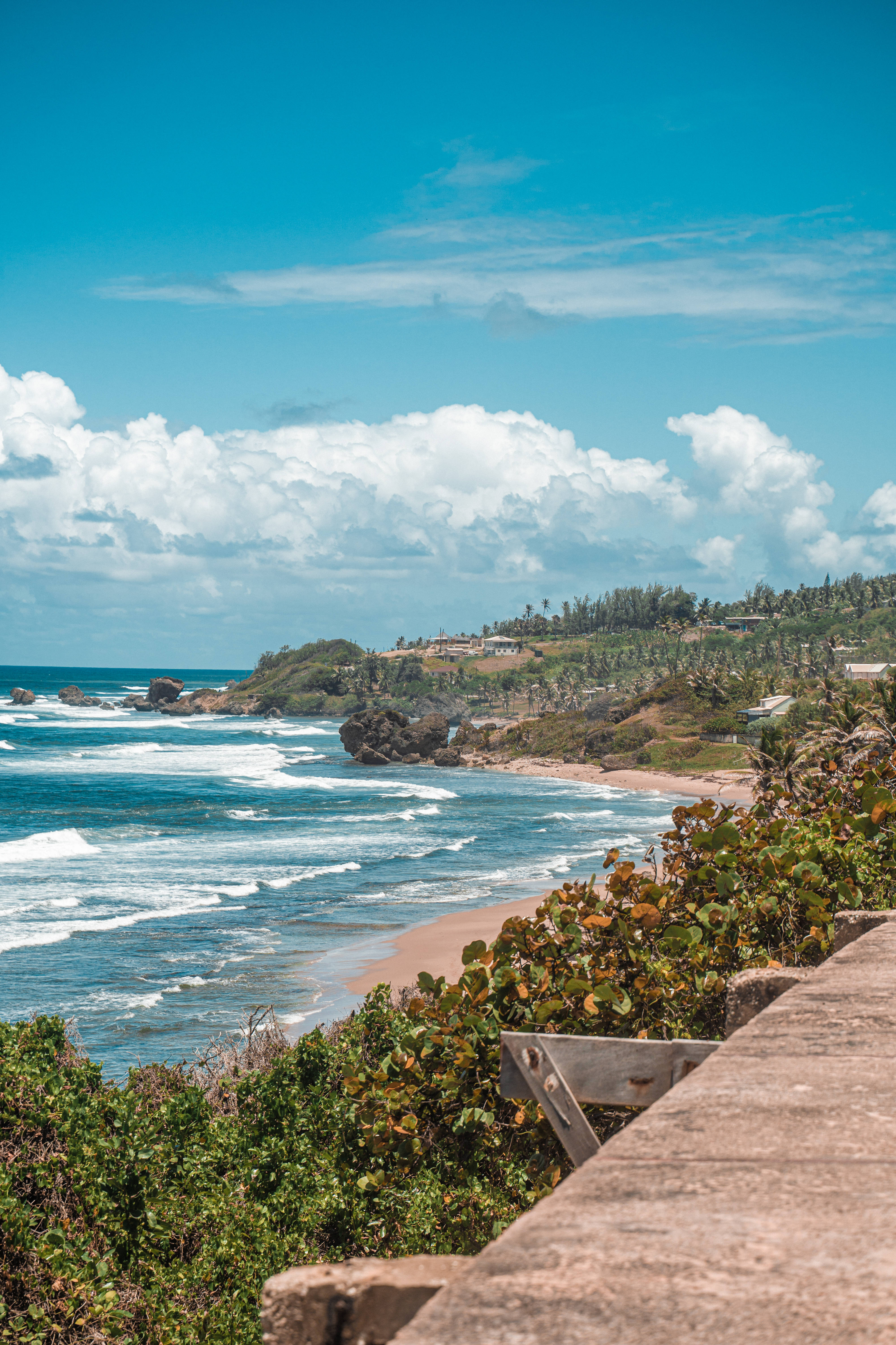 Barbados Hill, turquoise waves, sandy beach, 5K Phone Wallpaper
