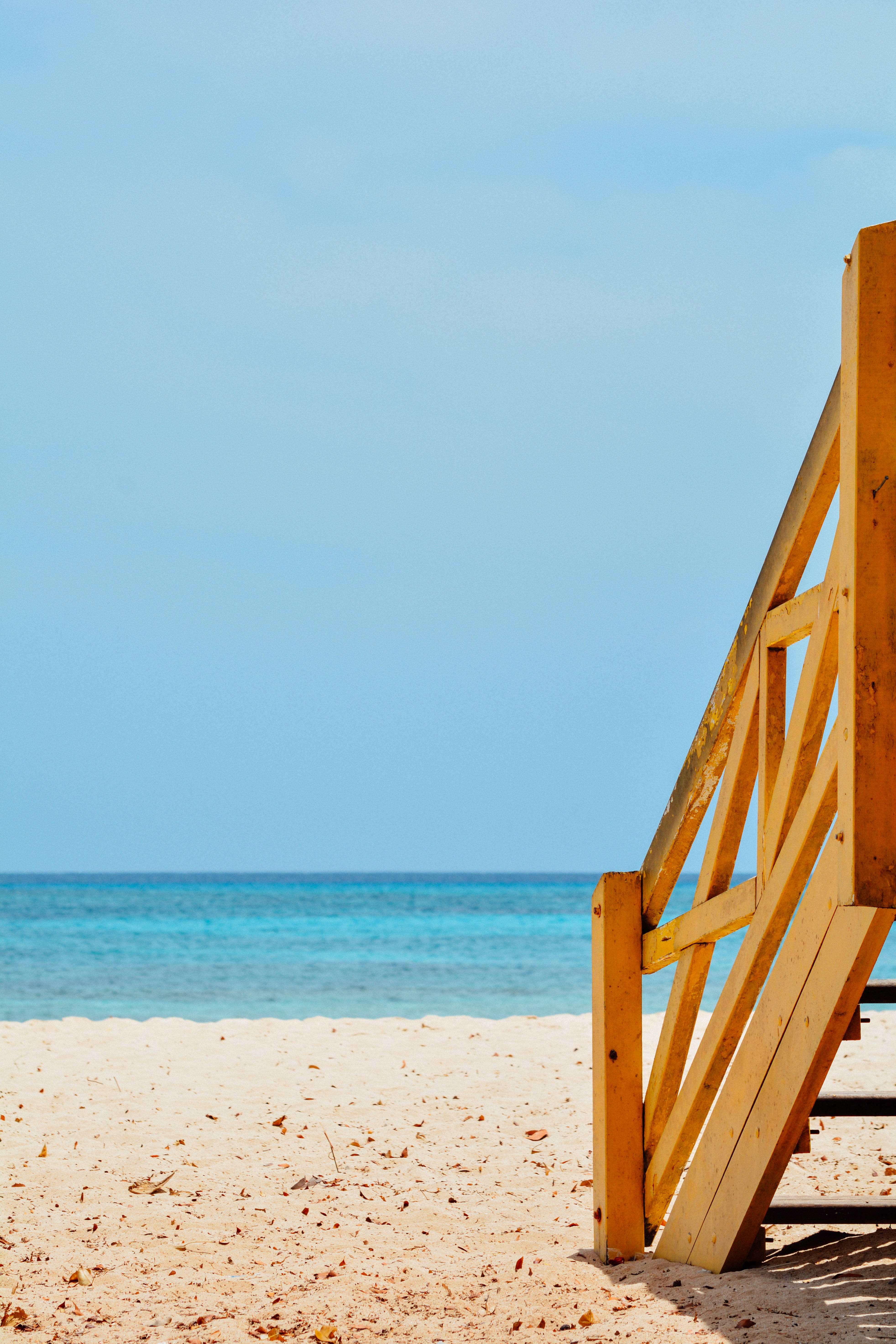 Barbados, wooden staircase, white sand beach, 5K Phone Wallpaper