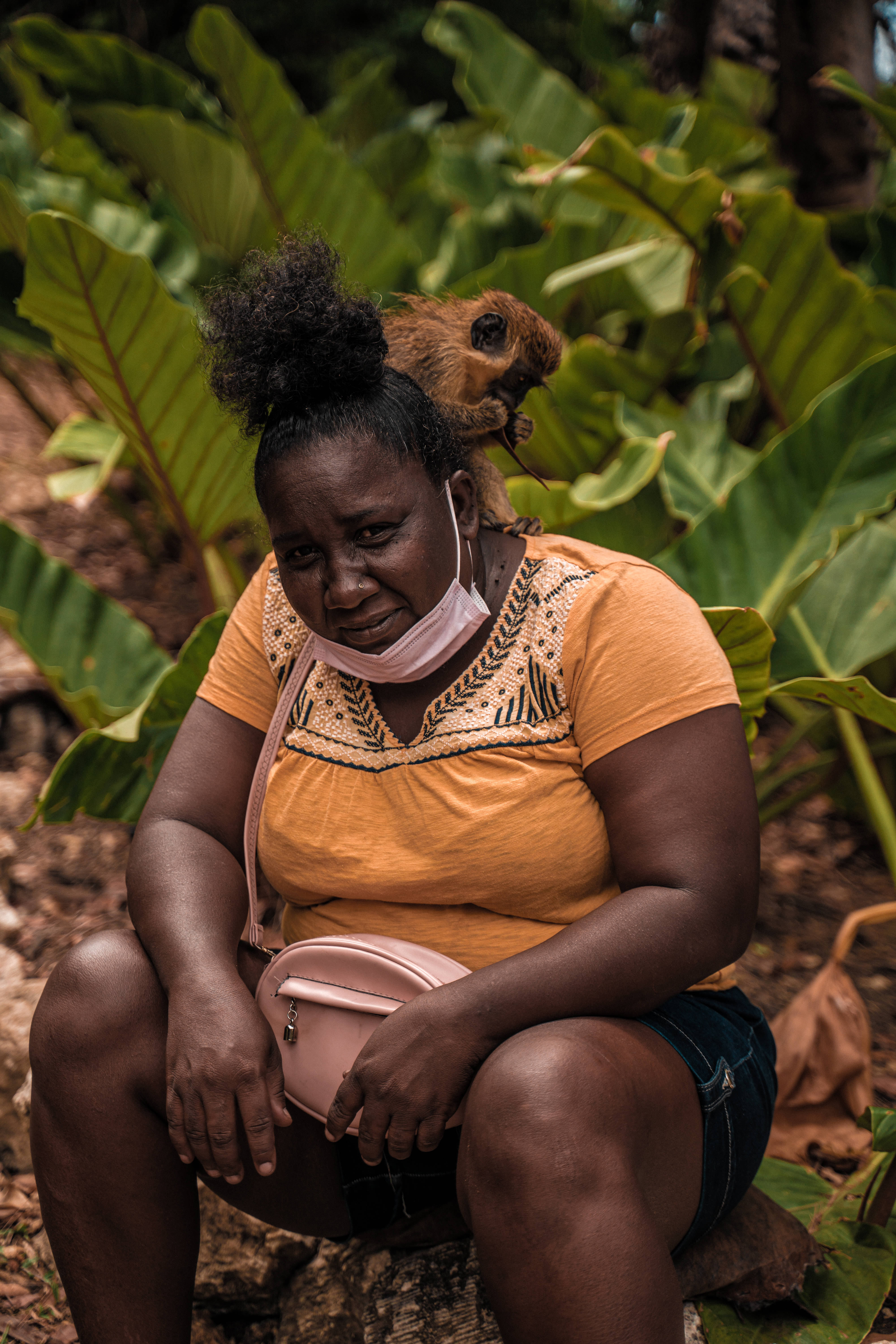 Barbados, woman, monkey, 5K Phone Wallpaper