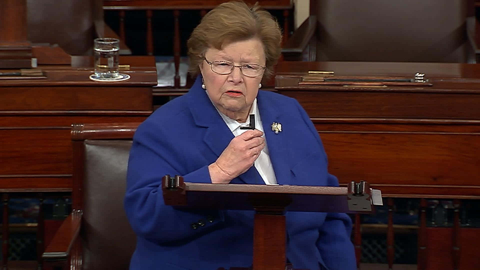 Barbara Mikulski, blue suit, wooden podium, Full HD Desktop Wallpaper