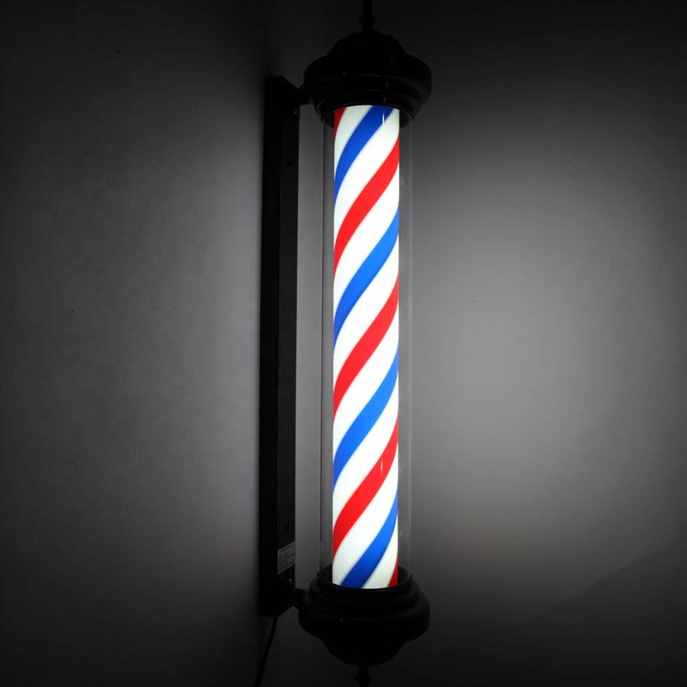 glowing barber pole lamp, red white and blue diagonal stripes, dark gray wall, SD Desktop Wallpaper