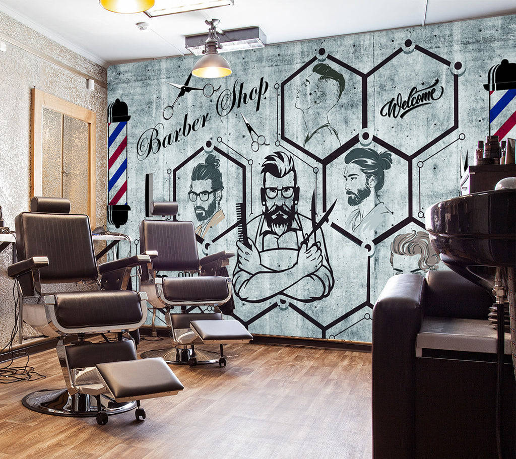 barber pole, vintage chairs, mural of bearded men holding scissors, SD Desktop Wallpaper
